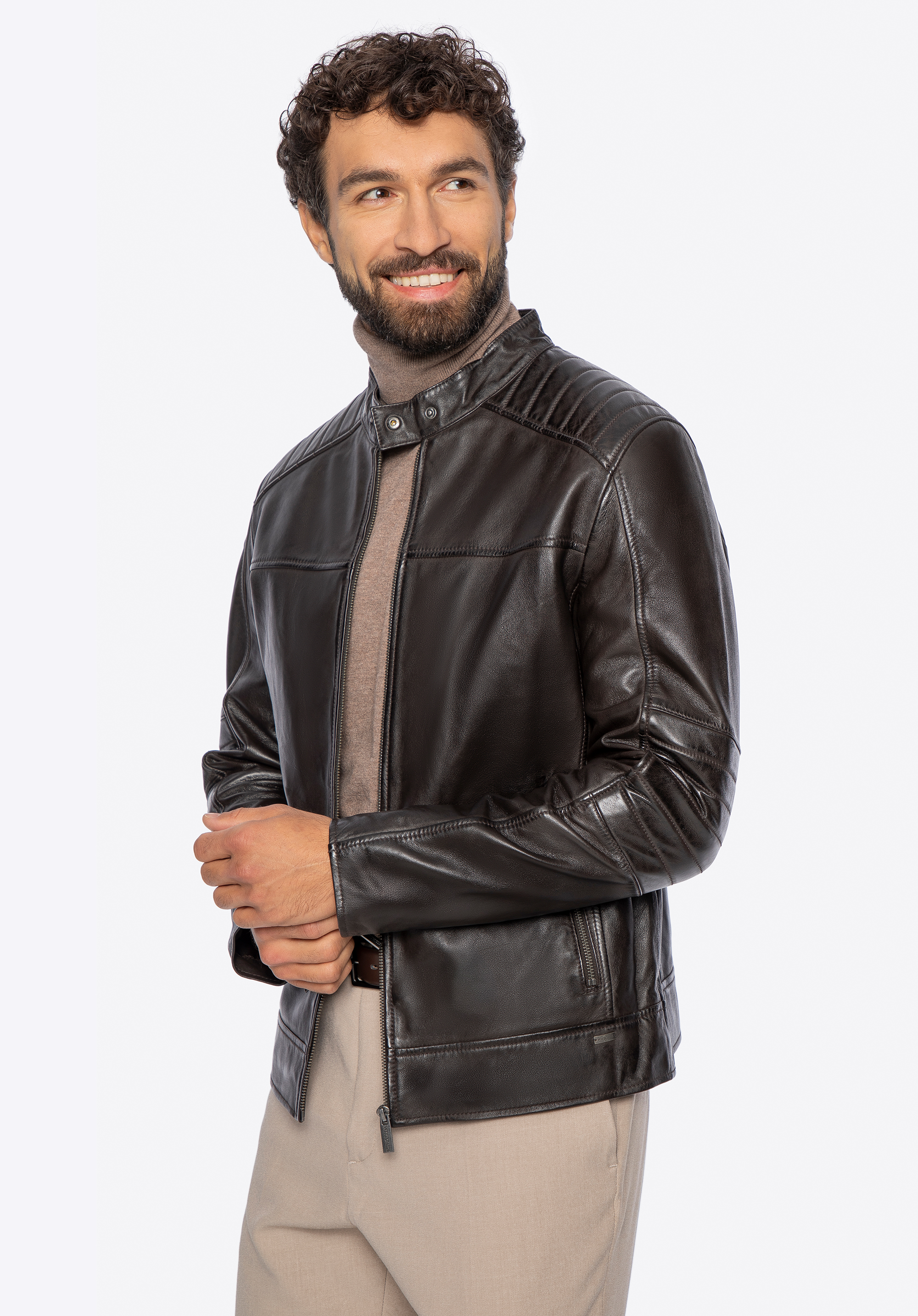 Herren Lederjacke mit Stehkragen, dunkelbraun, 101-09-852-4-S, Bild 1