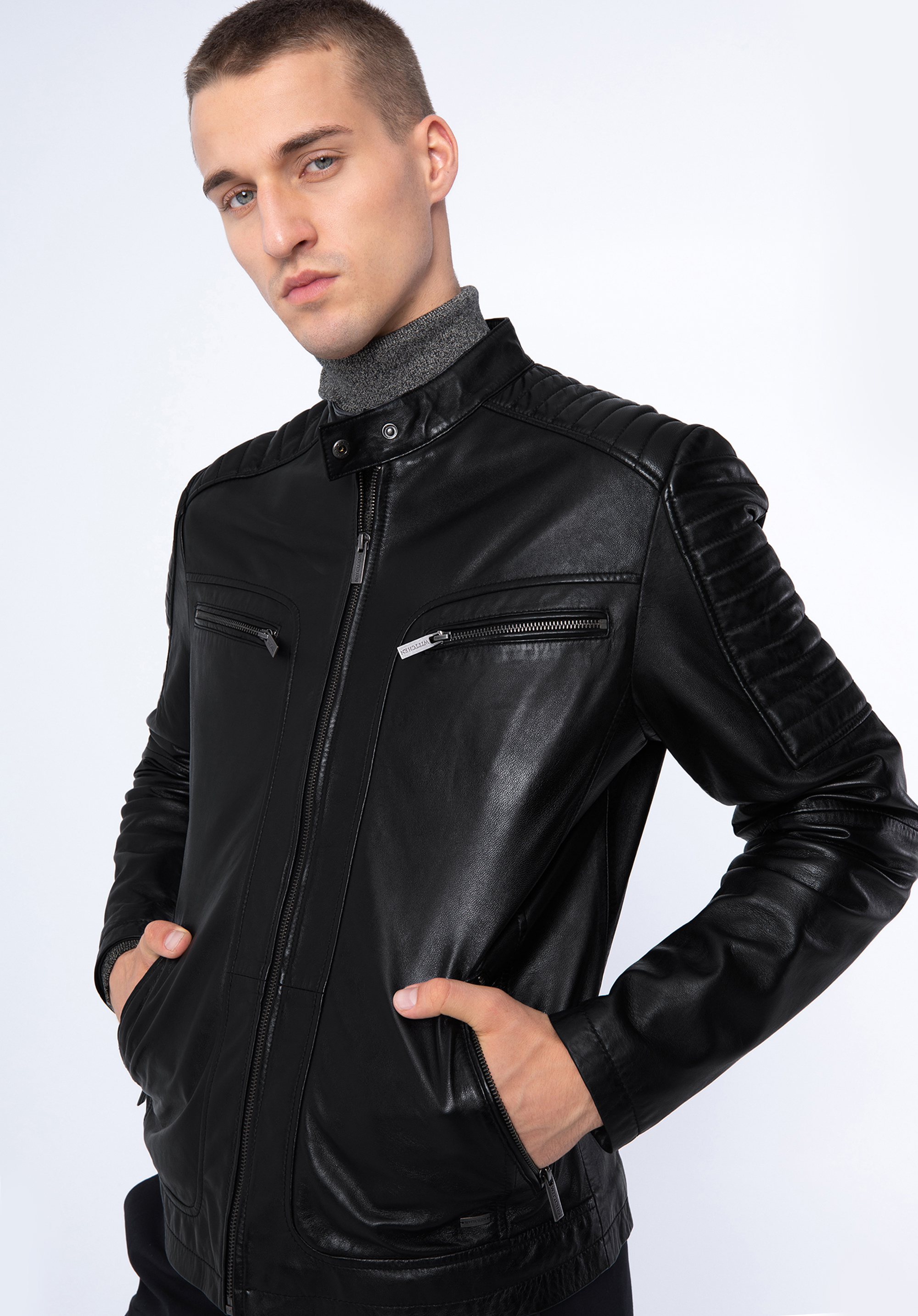 Herrenjacke aus Leder mit Reißverschlusskragen und Steppung, dunkelbraun, 97-09-850-4-L, Bild 1