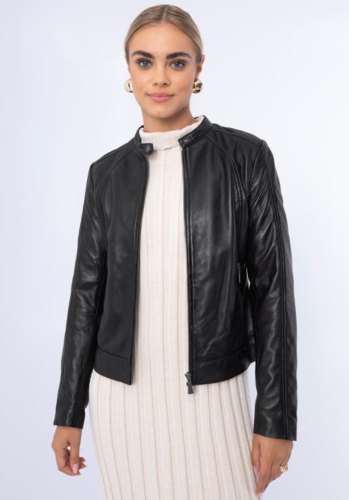 Klassische Damenjacke aus Leder mit Stehkragen, dunkelbraun, 97-09-804-D3-XL, Bild 1