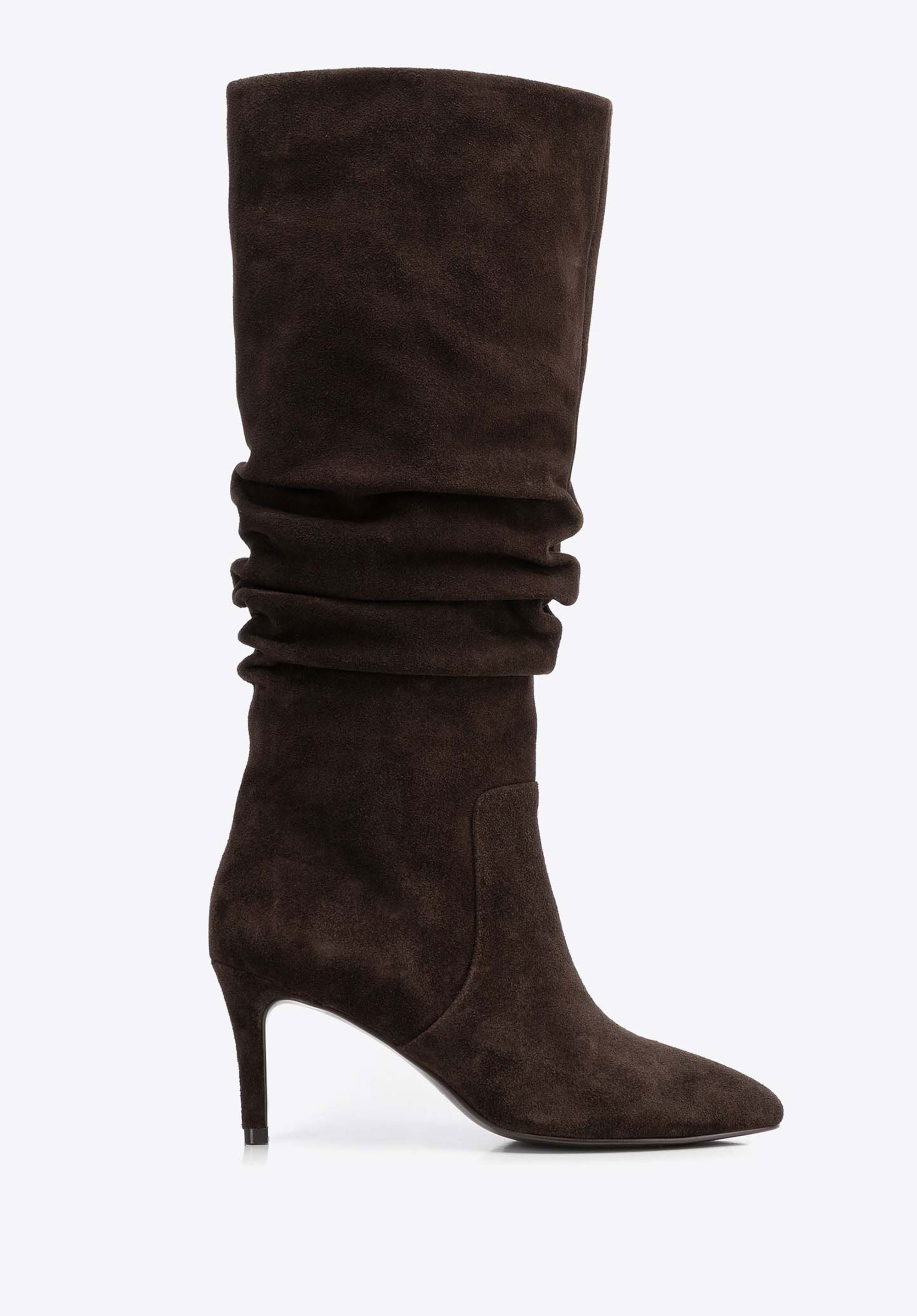 Kniehohe Wildlederstiefel für Damen mit gerafftem Schaft, dunkelbraun, 103-D-350-4-37, Bild 1