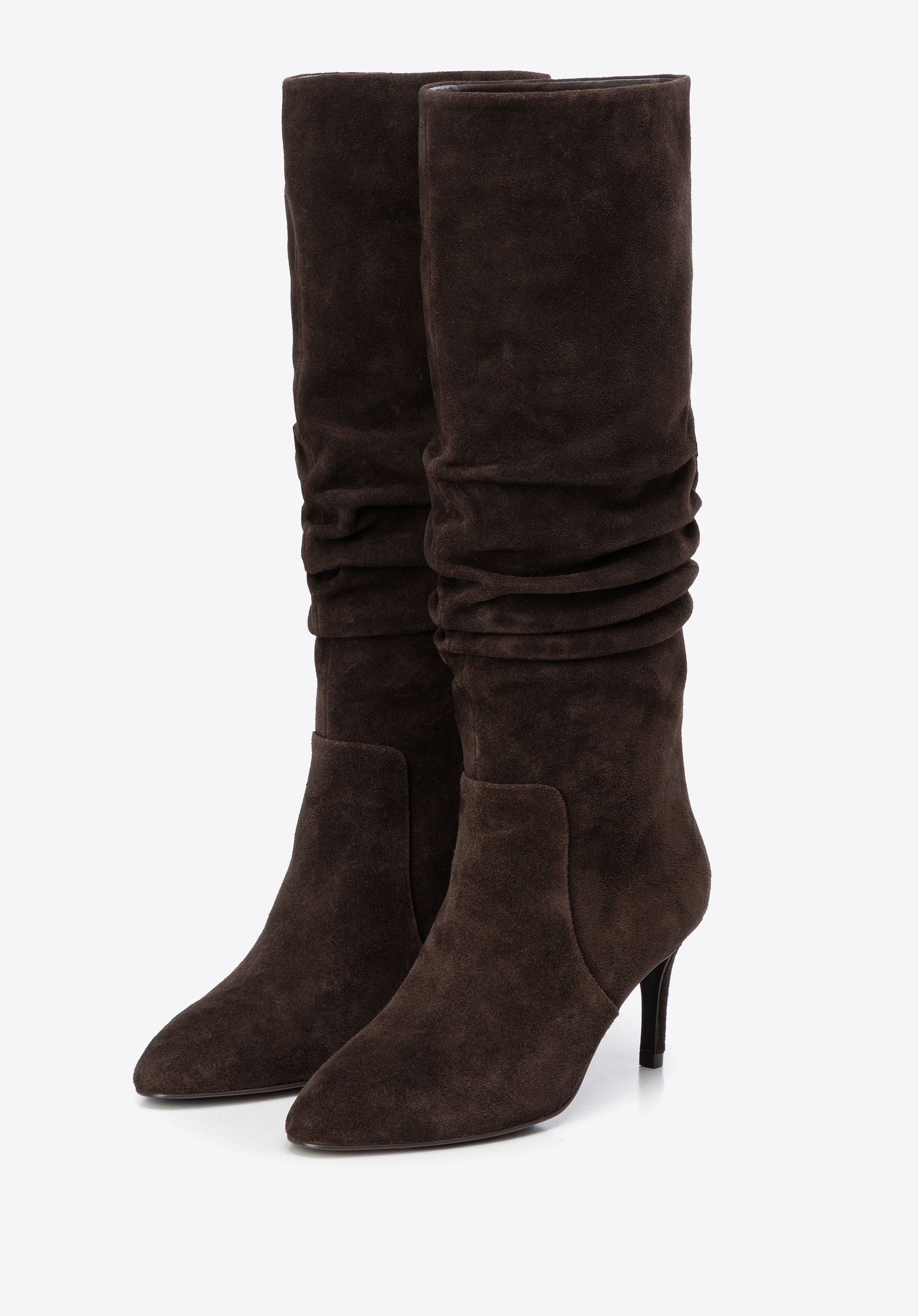 Kniehohe Wildlederstiefel für Damen mit gerafftem Schaft, dunkelbraun, 103-D-350-4-35, Bild 1