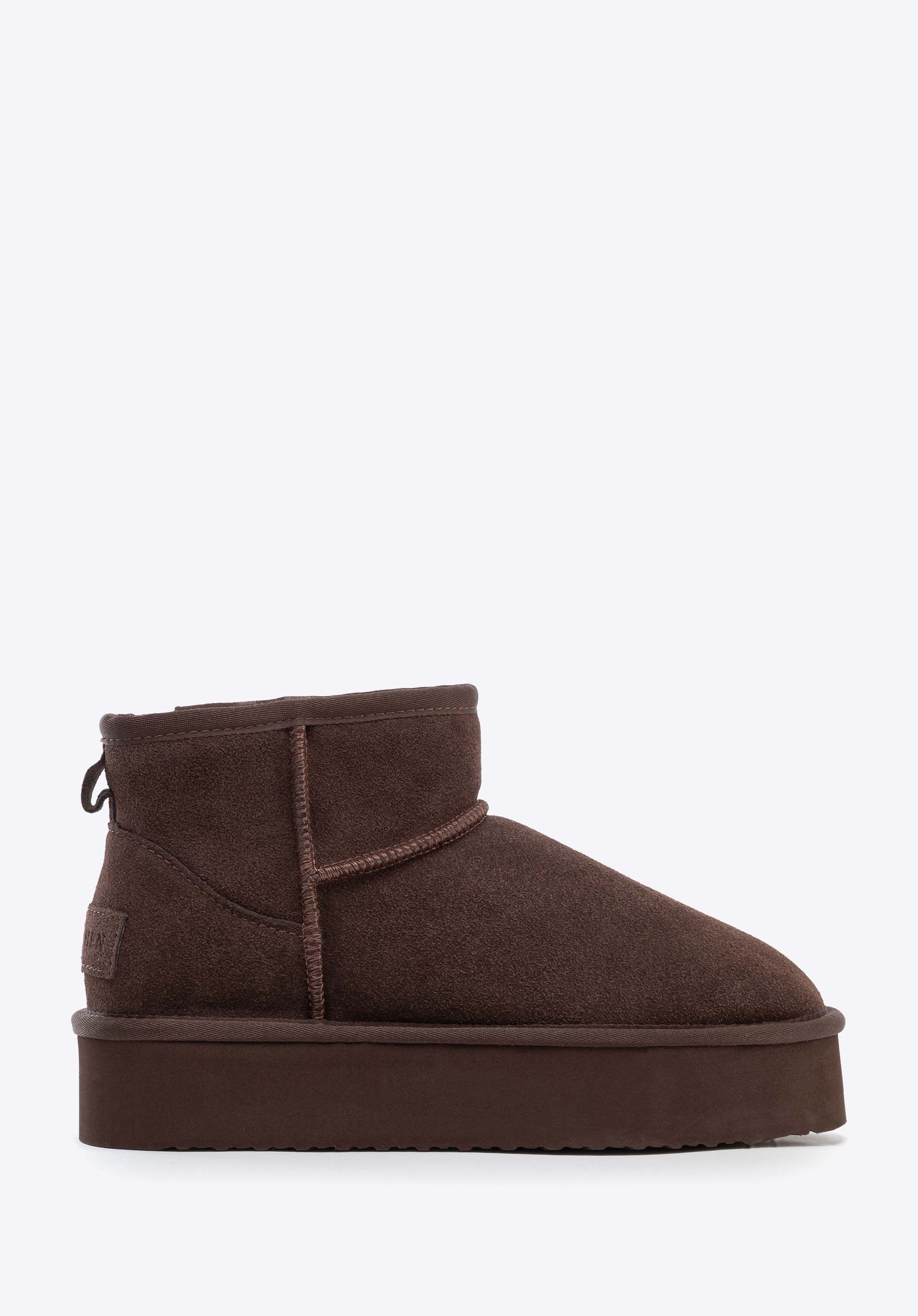 Kurze Damen-Schneestiefel aus Wildleder mit Schafwollfutter, dunkelbraun, 103-D-851-4-36, Bild 1