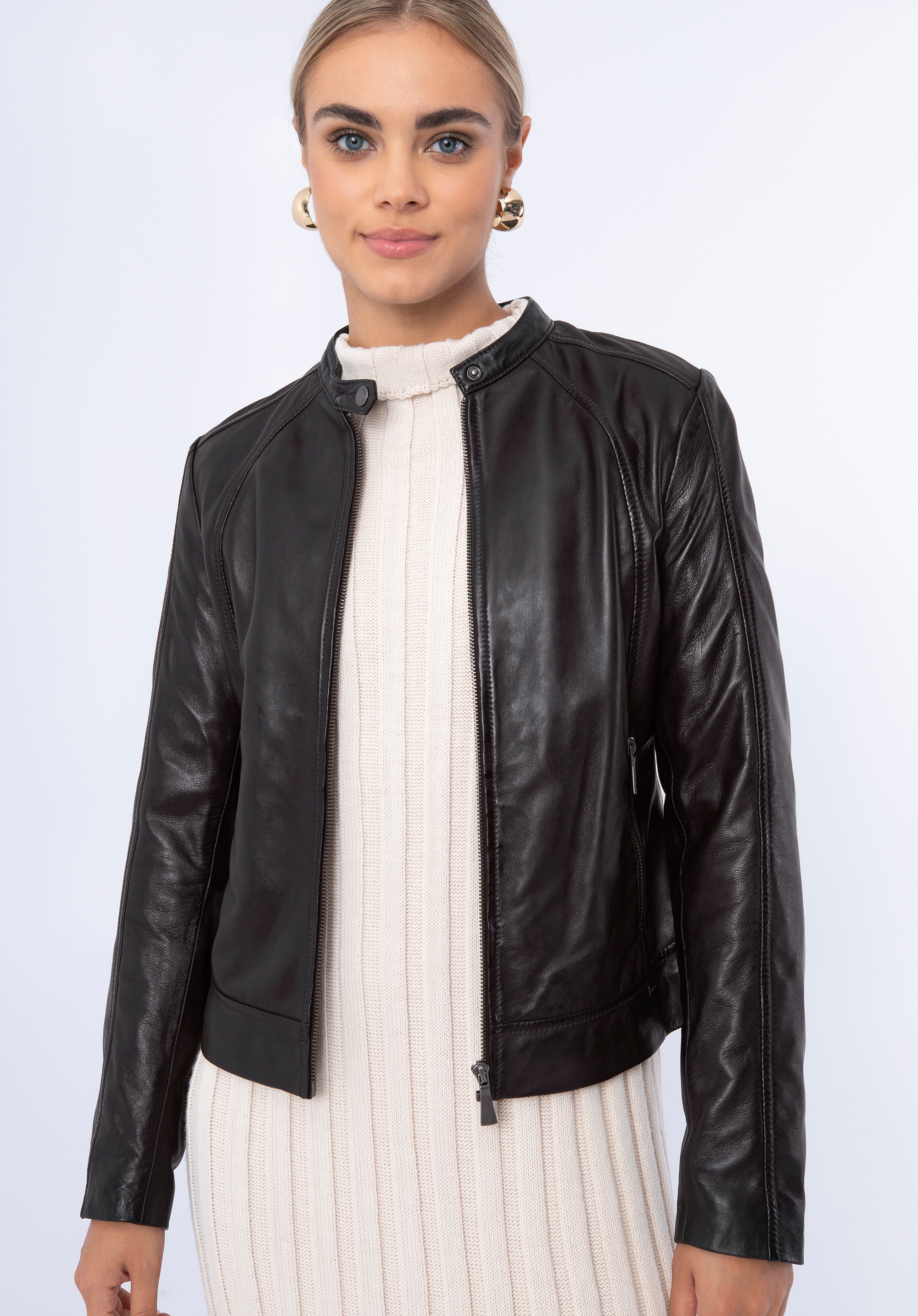 Klassische Damenjacke aus Leder mit Stehkragen, dunkelbraun, 97-09-804-4-M, Bild 1