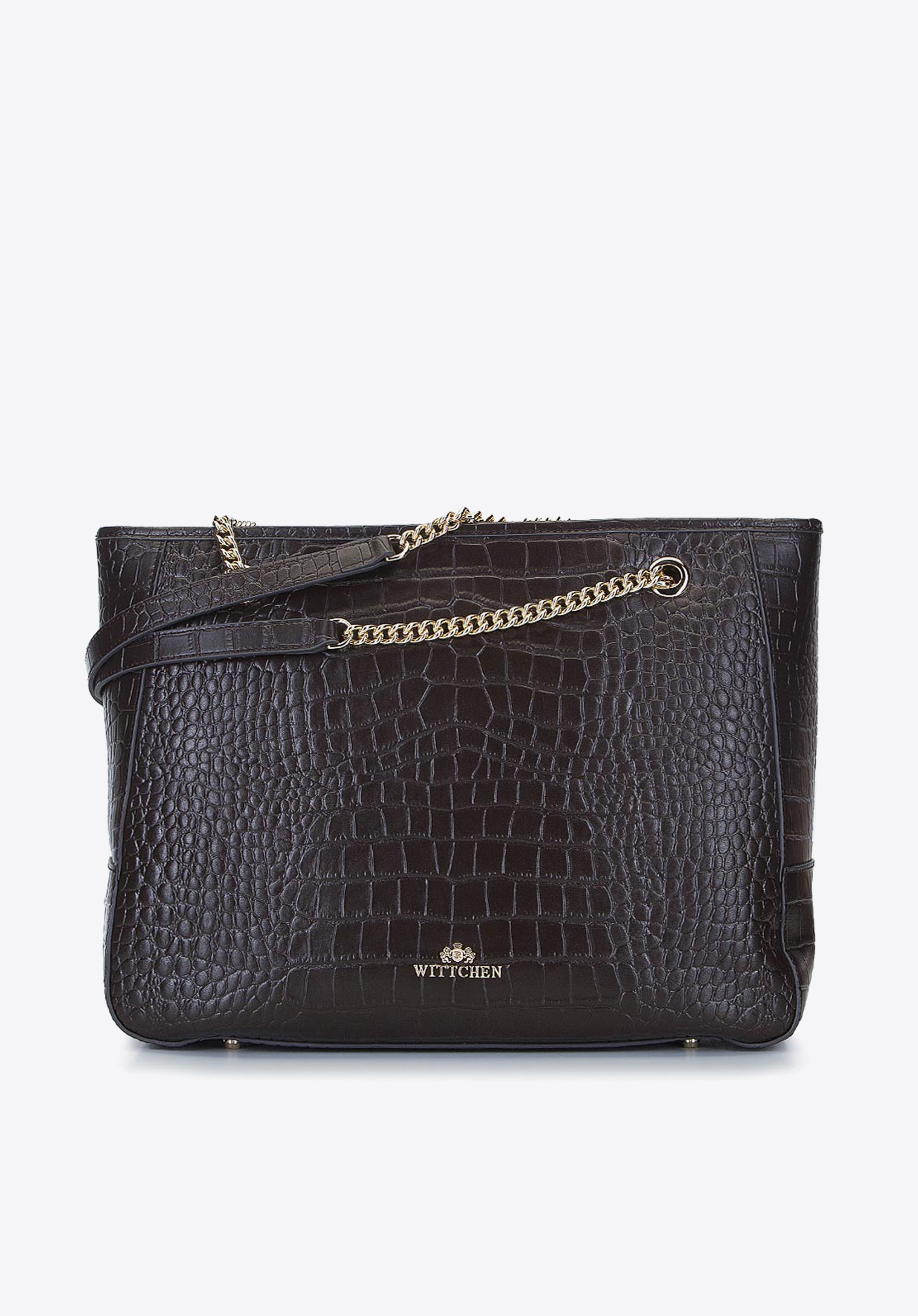 Shopper-Tasche aus Leder mit Kette an den Griffen, dunkelbraun, 93-4E-602-5, Bild 1