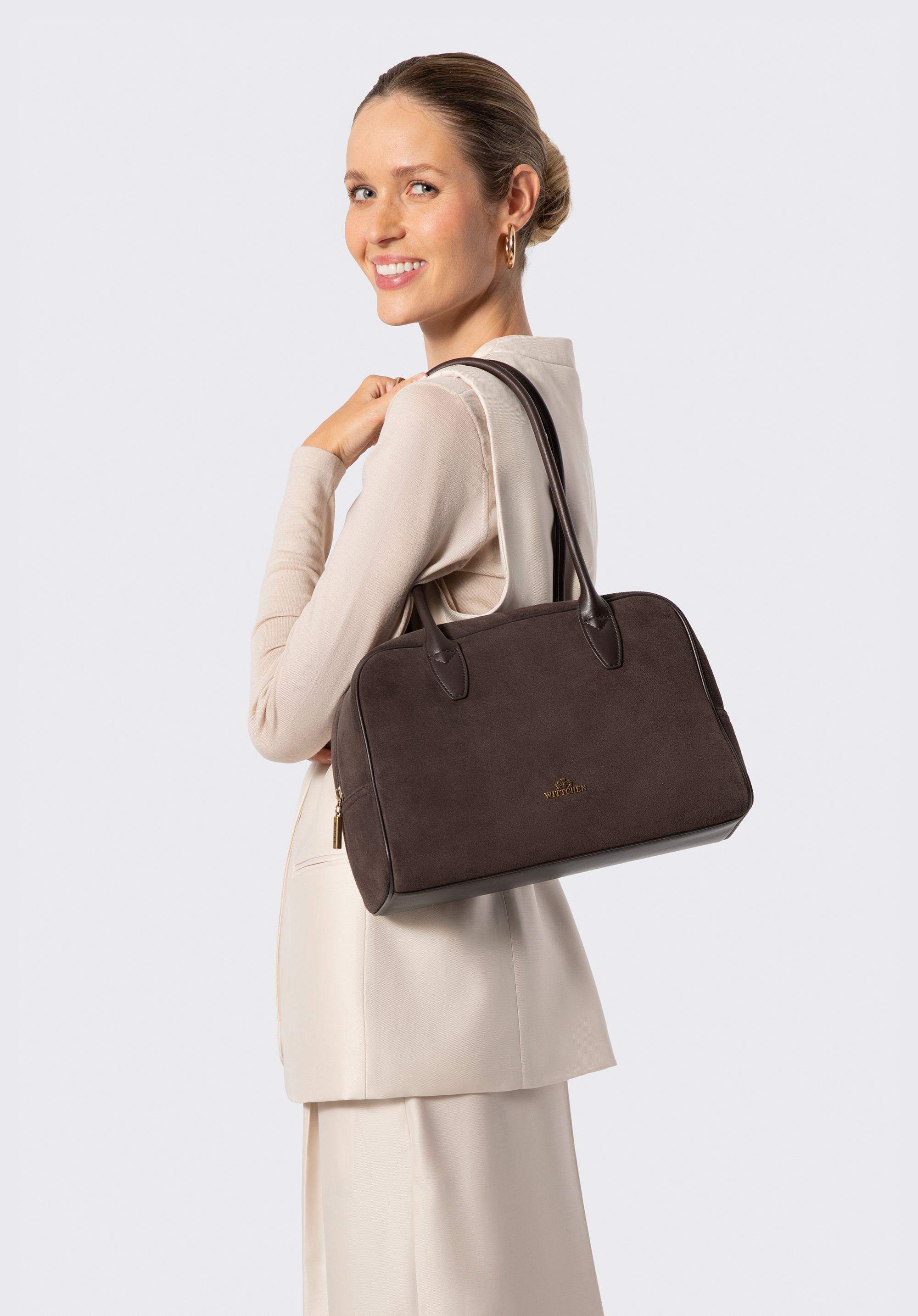 Shopper-Tasche aus Leder und Wildleder für Damen, dunkelbraun, 103-4E-633-4, Bild 1