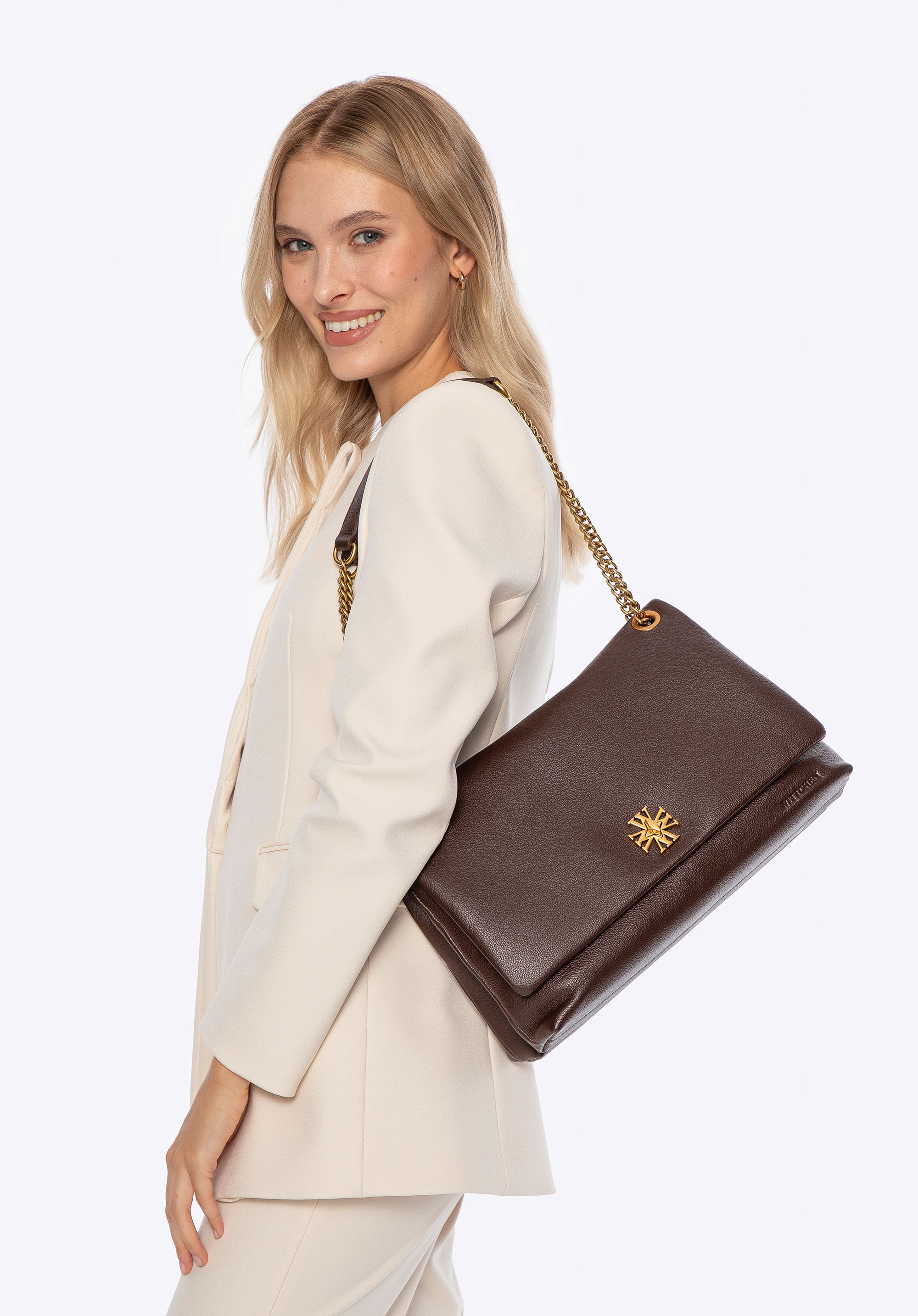 Umhängetasche aus Leder mit Ketten-Schulterriemen, dunkelbraun, 101-4E-605-4, Bild 1