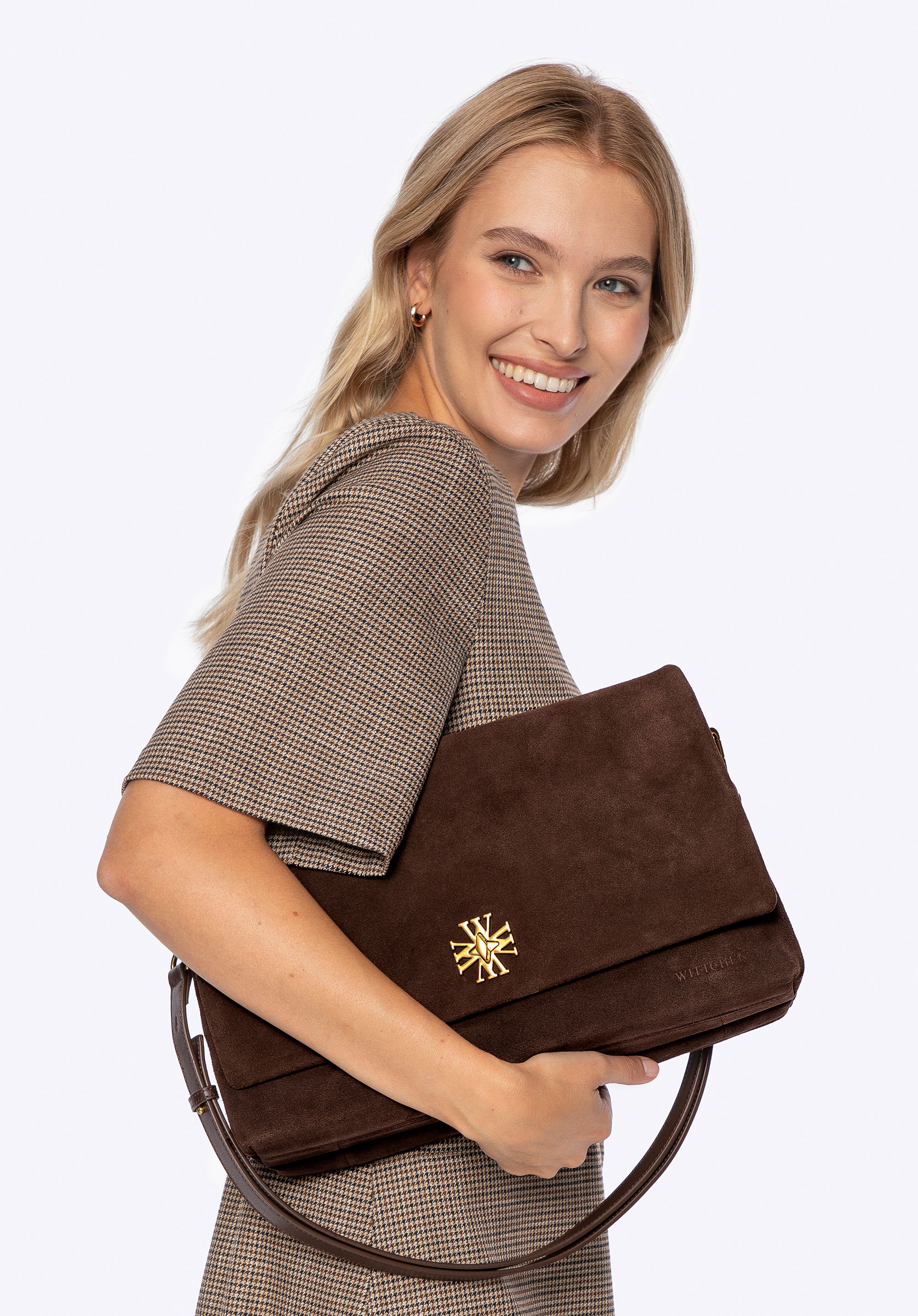 Umhängetasche aus Wildleder mit zwei Fächern, dunkelbraun, 101-4E-618-4, Bild 1