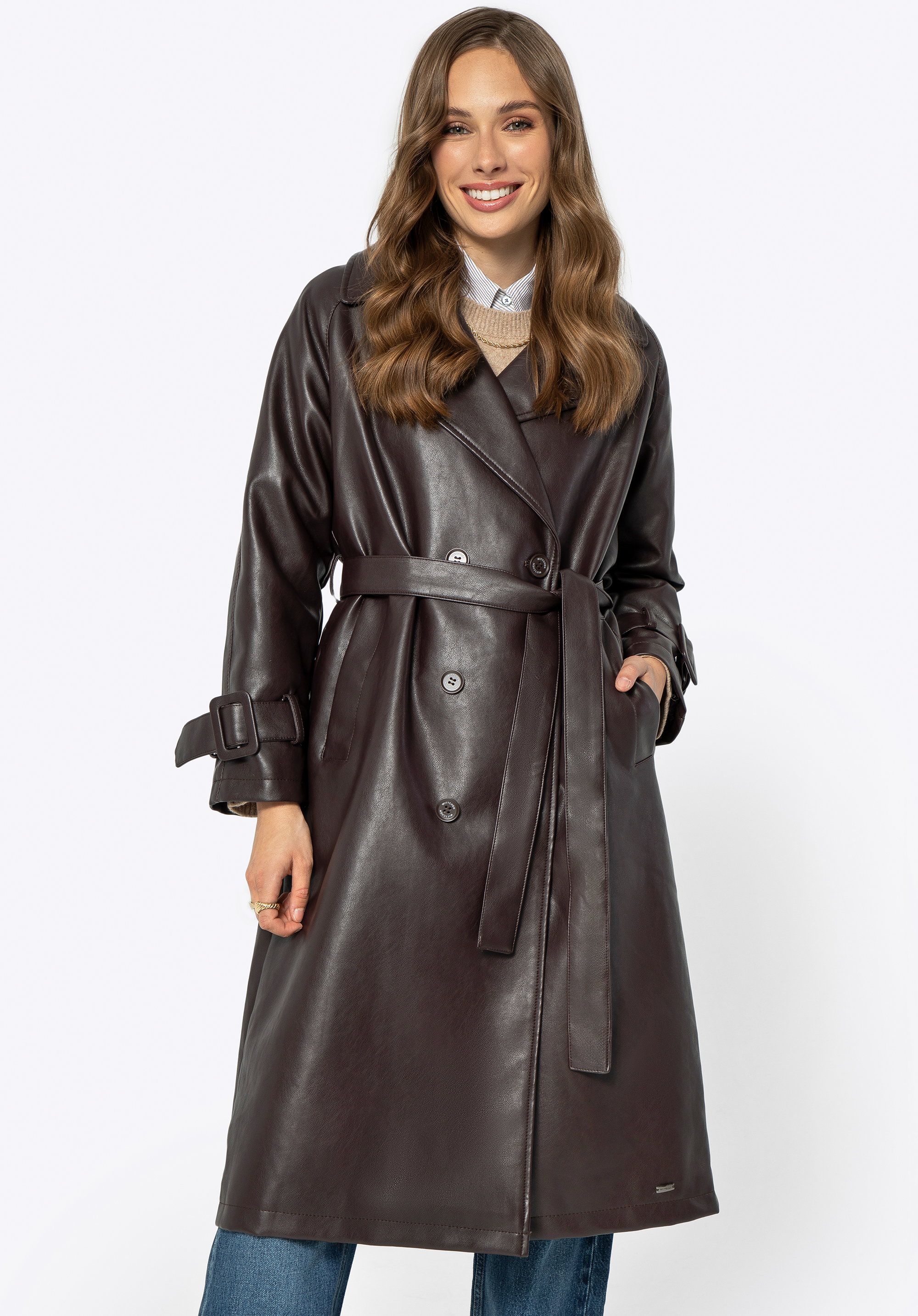Zweireihiger Damenmantel aus Kunstleder, dunkelbraun, 99-9P-105-4-XL, Bild 1