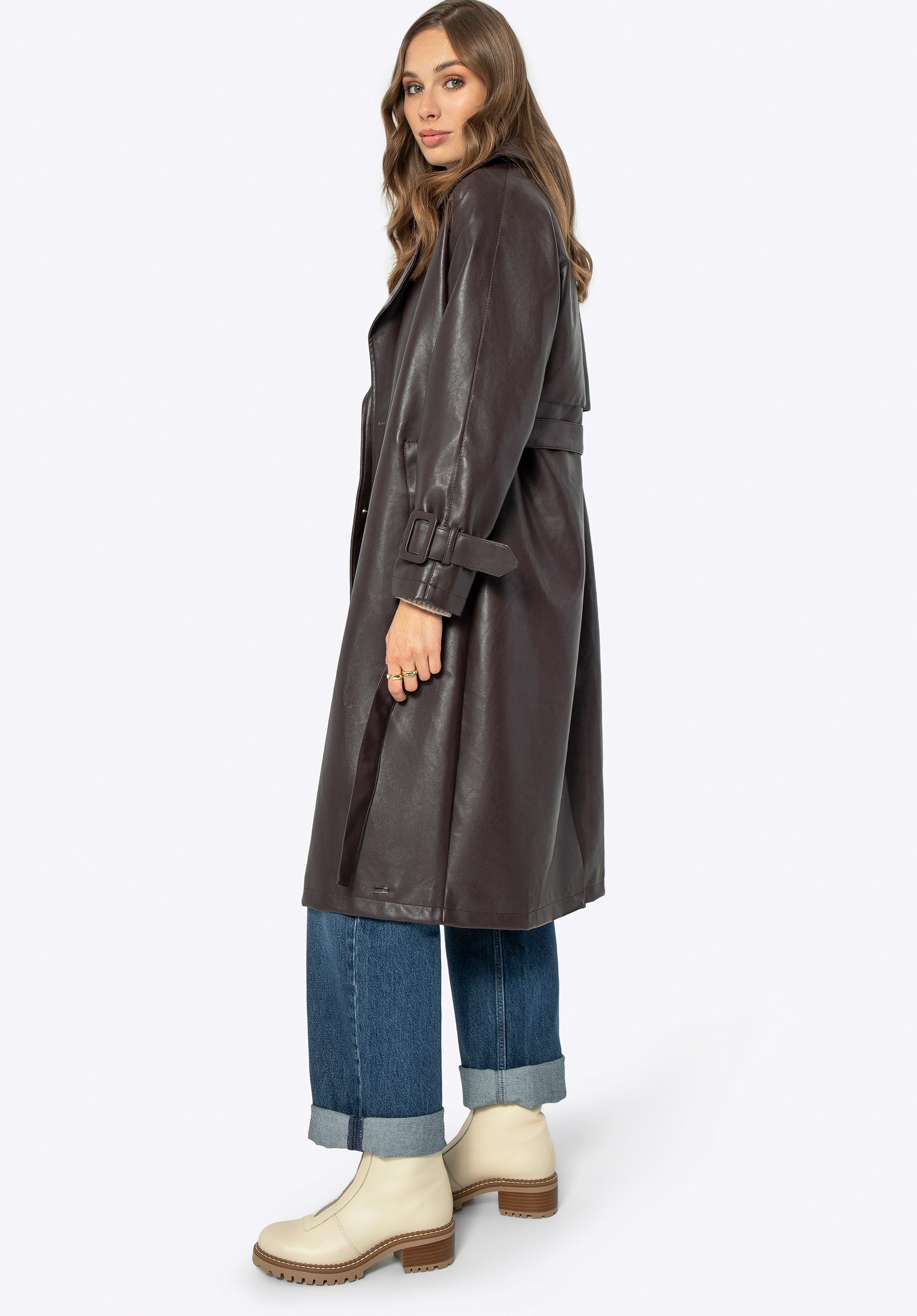 Zweireihiger Damenmantel aus Kunstleder, dunkelbraun, 99-9P-105-4-XL, Bild 1