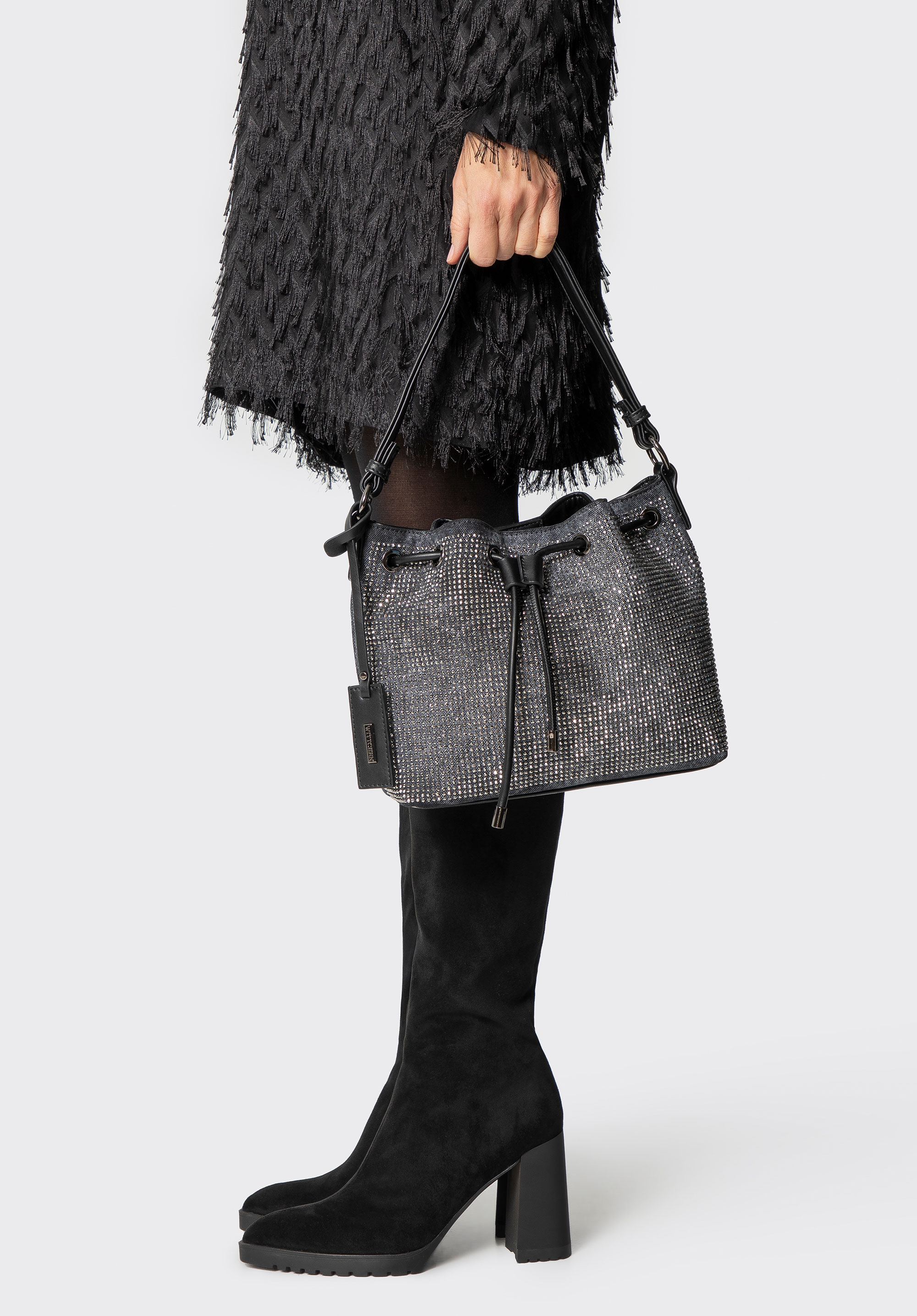 Damen Hobo Bag mit dekorativen Strass-Details, dunkelgrau, 101-4Y-716-88, Bild 1