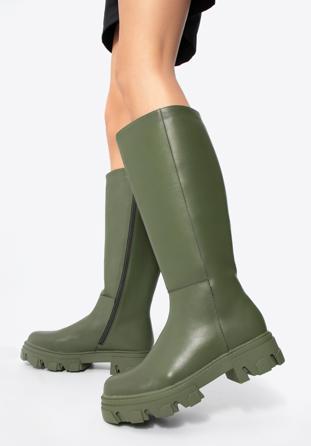 Lederstiefel für Damen auf dicker Sohle mit Reißverschluss, dunkelgrün, 97-D-857-Z-37, Bild 1