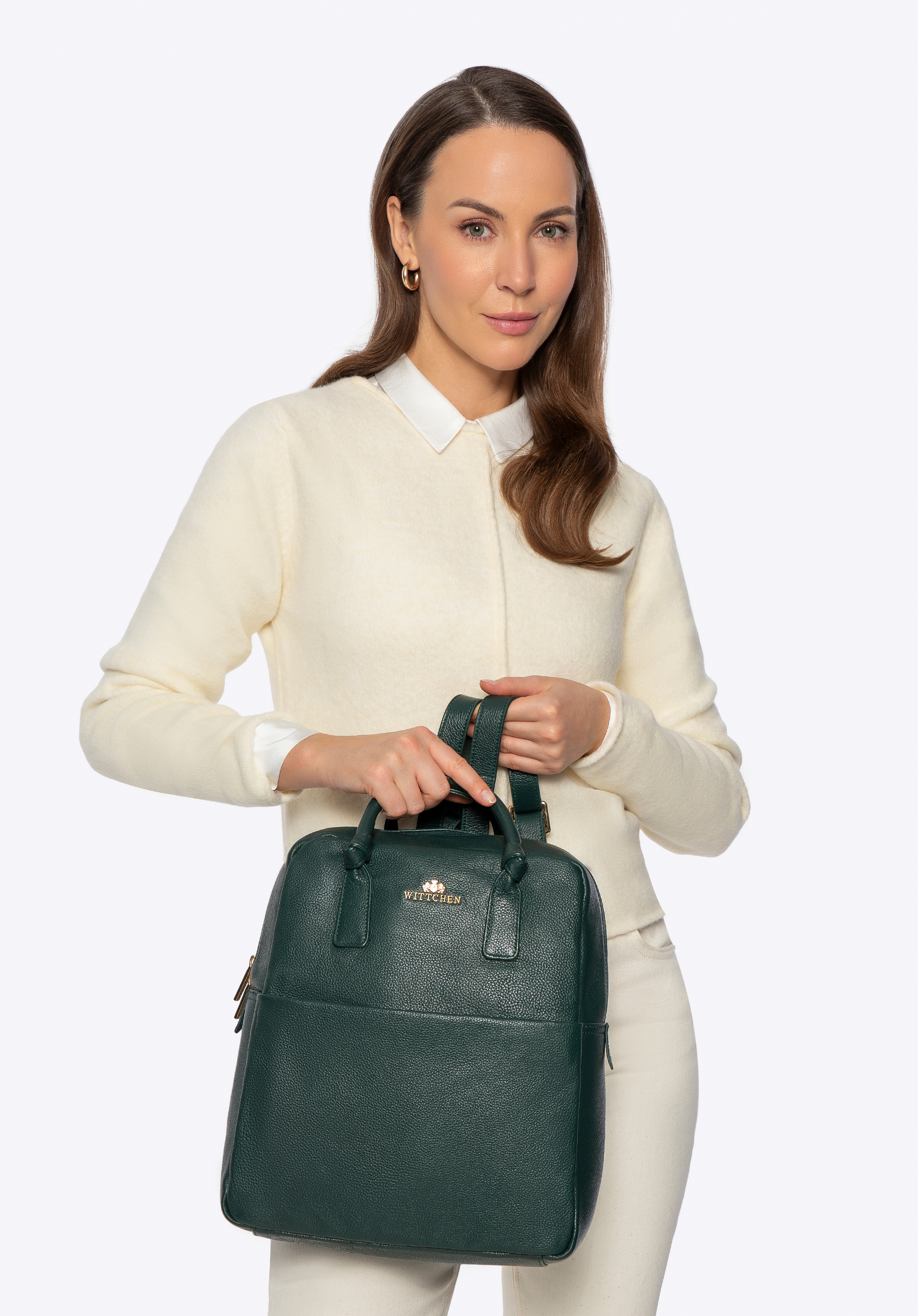 Rechteckiger Damen-Rucksack aus Leder, dunkelgrün, 101-4E-805-Z, Bild 1