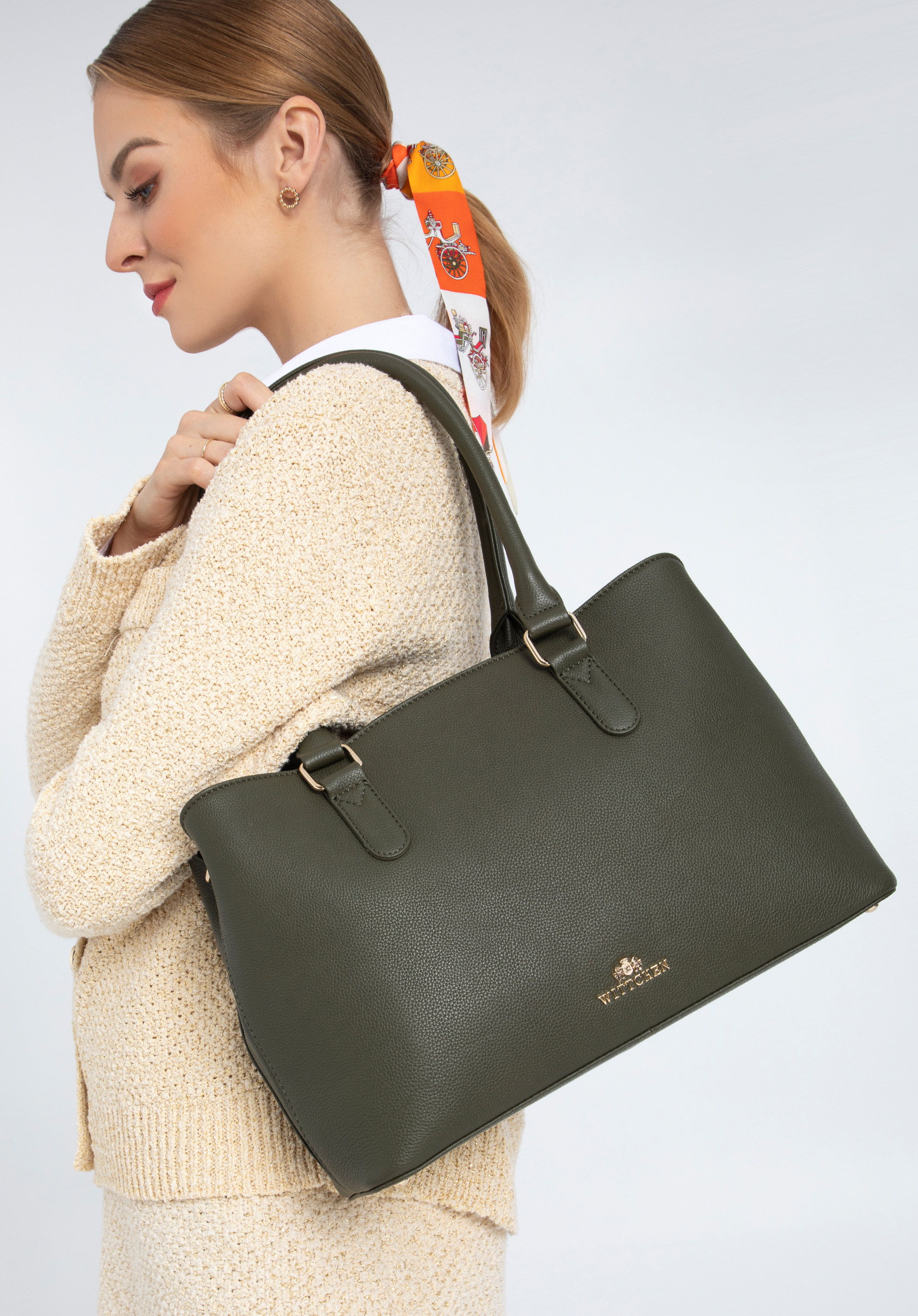 Shopper-Tasche aus Leder mit zwei Fächern, dunkelgrün, 97-4E-001-Z, Bild 1
