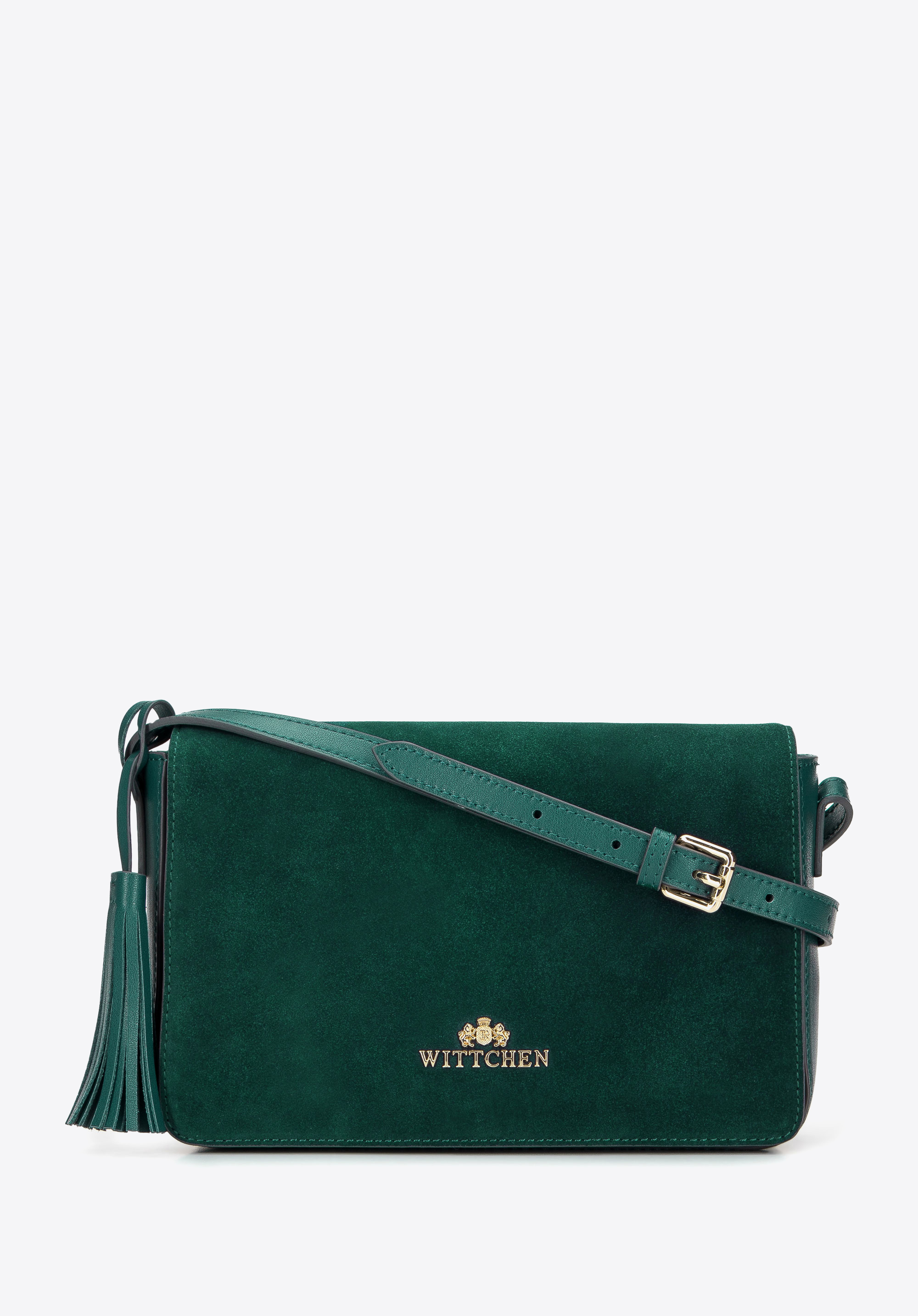 Überschlagtasche aus Leder für Damen mit Quastendetail, dunkelgrün, 95-4E-624-Z, Bild 1