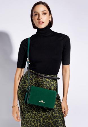 Überschlagtasche aus Leder für Damen mit Quastendetail, dunkelgrün, 95-4E-624-Z, Bild 1