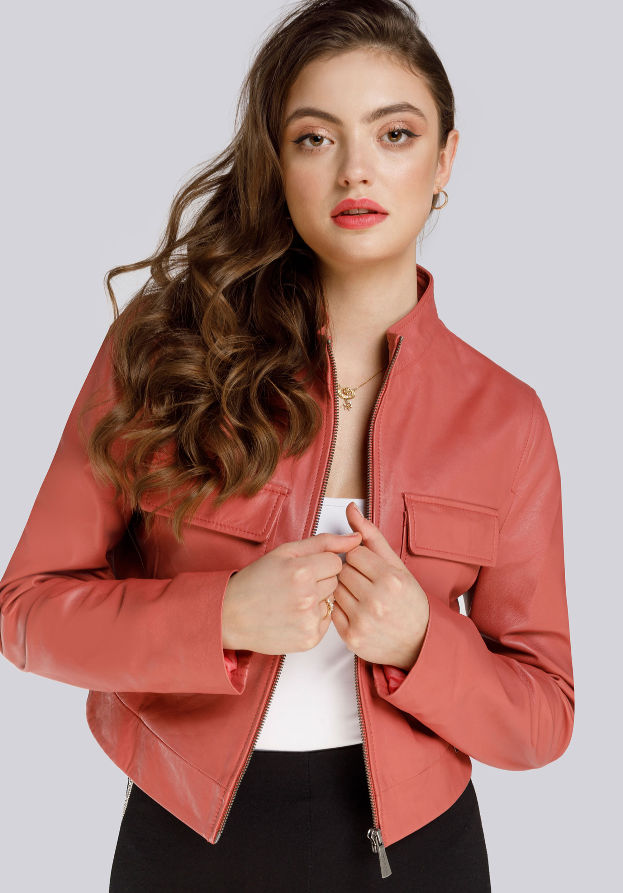 Cropped Jacke aus Leder, dunkelpink, 94-09-805-P-M, Bild 1