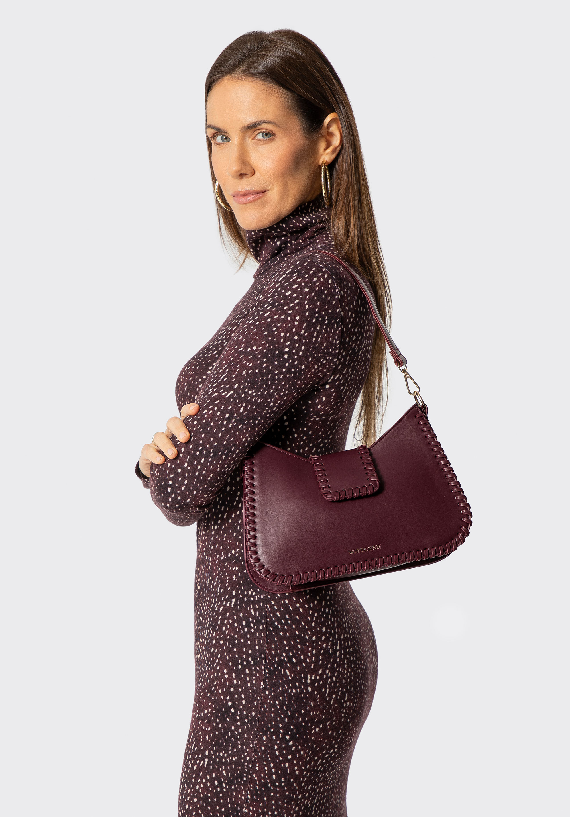 Baguette-Handtasche aus Kunstleder mit dekorativer Flechtung, dunkelrot, 101-4Y-404-3, Bild 1