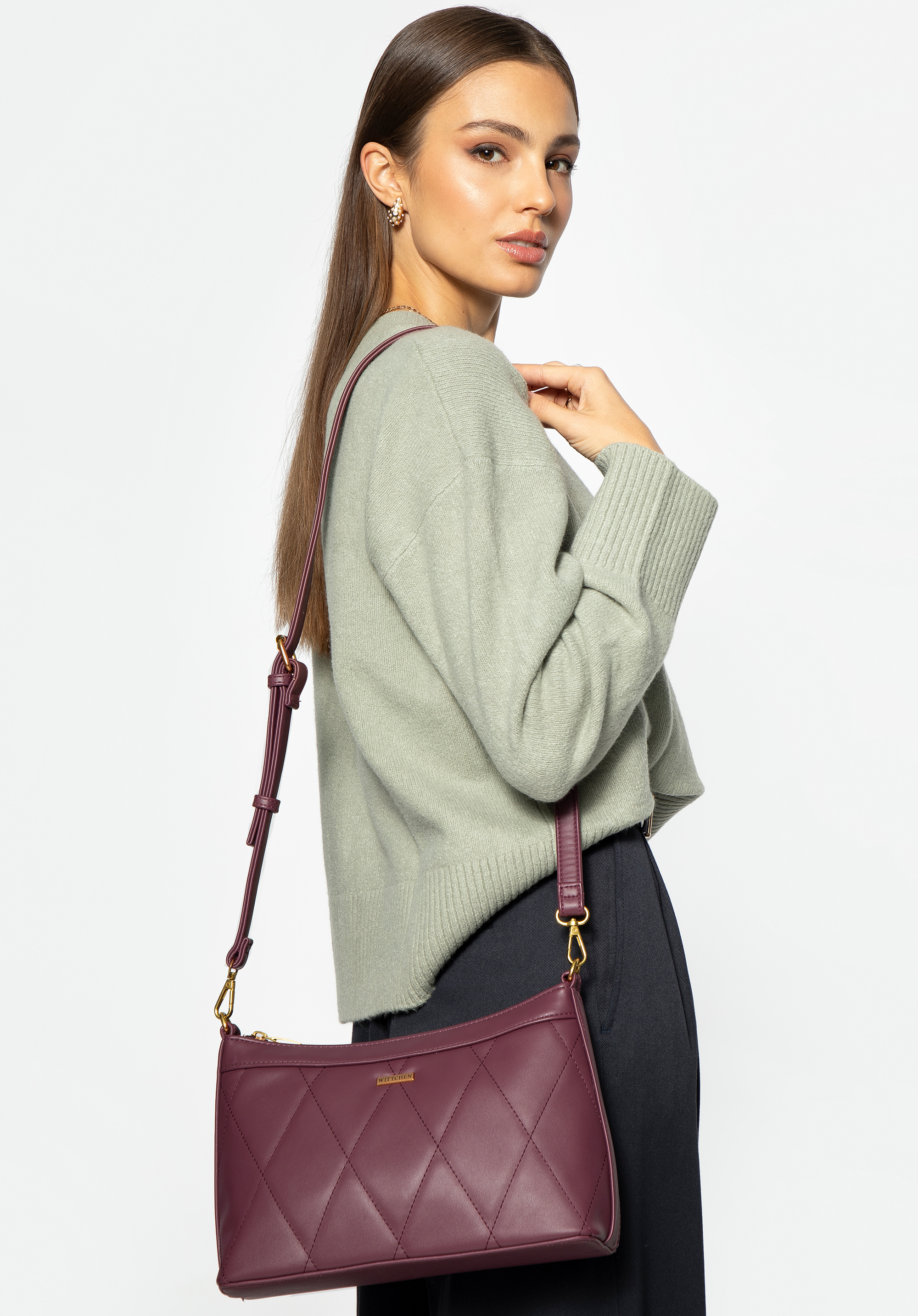 Baguette-Tasche aus genähtem Öko-Leder, dunkelrot, 99-4Y-210-3, Bild 1