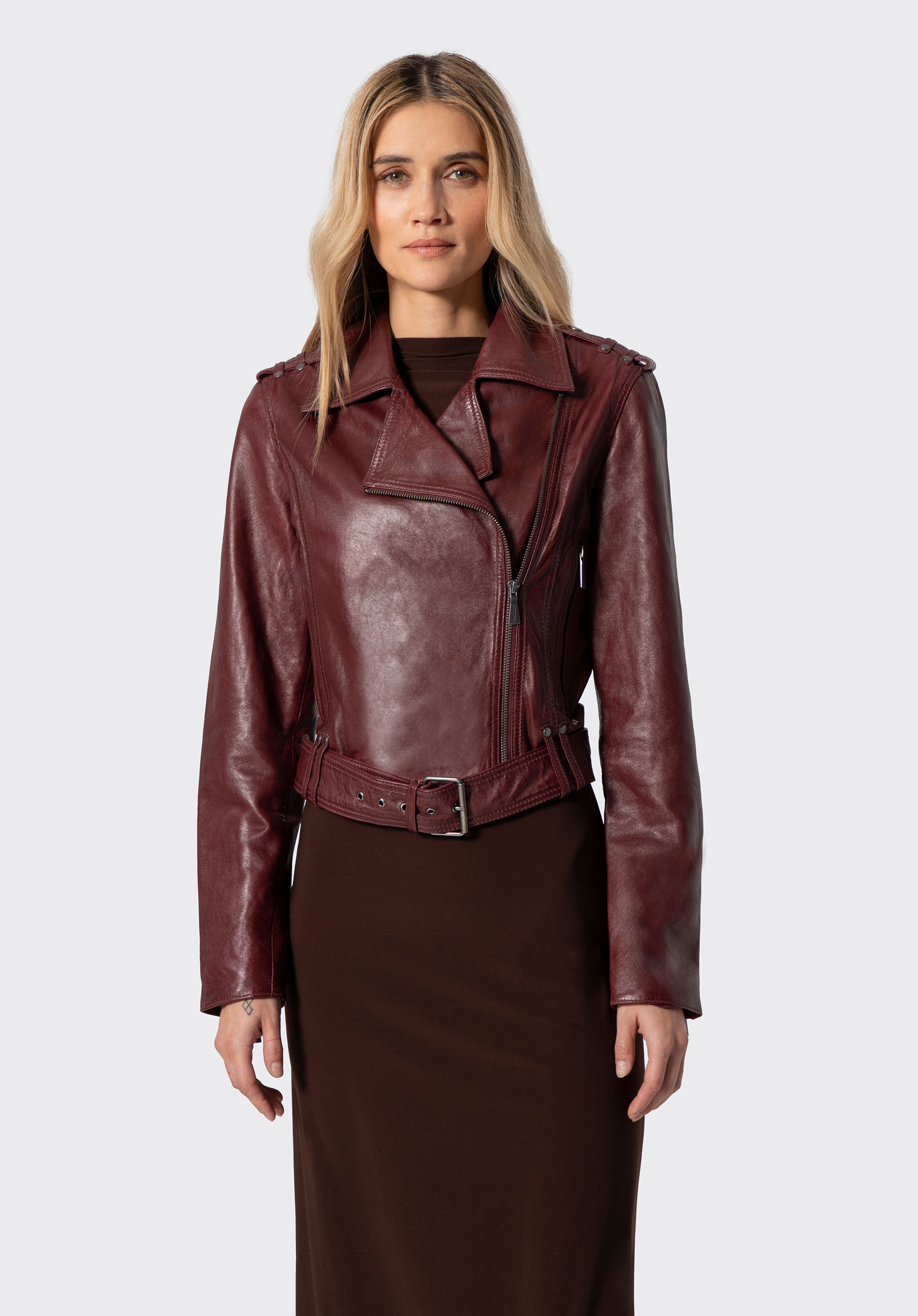 Bikerjacke aus Leder für Damen, dunkelrot, 100-09-806-3-M, Bild 1