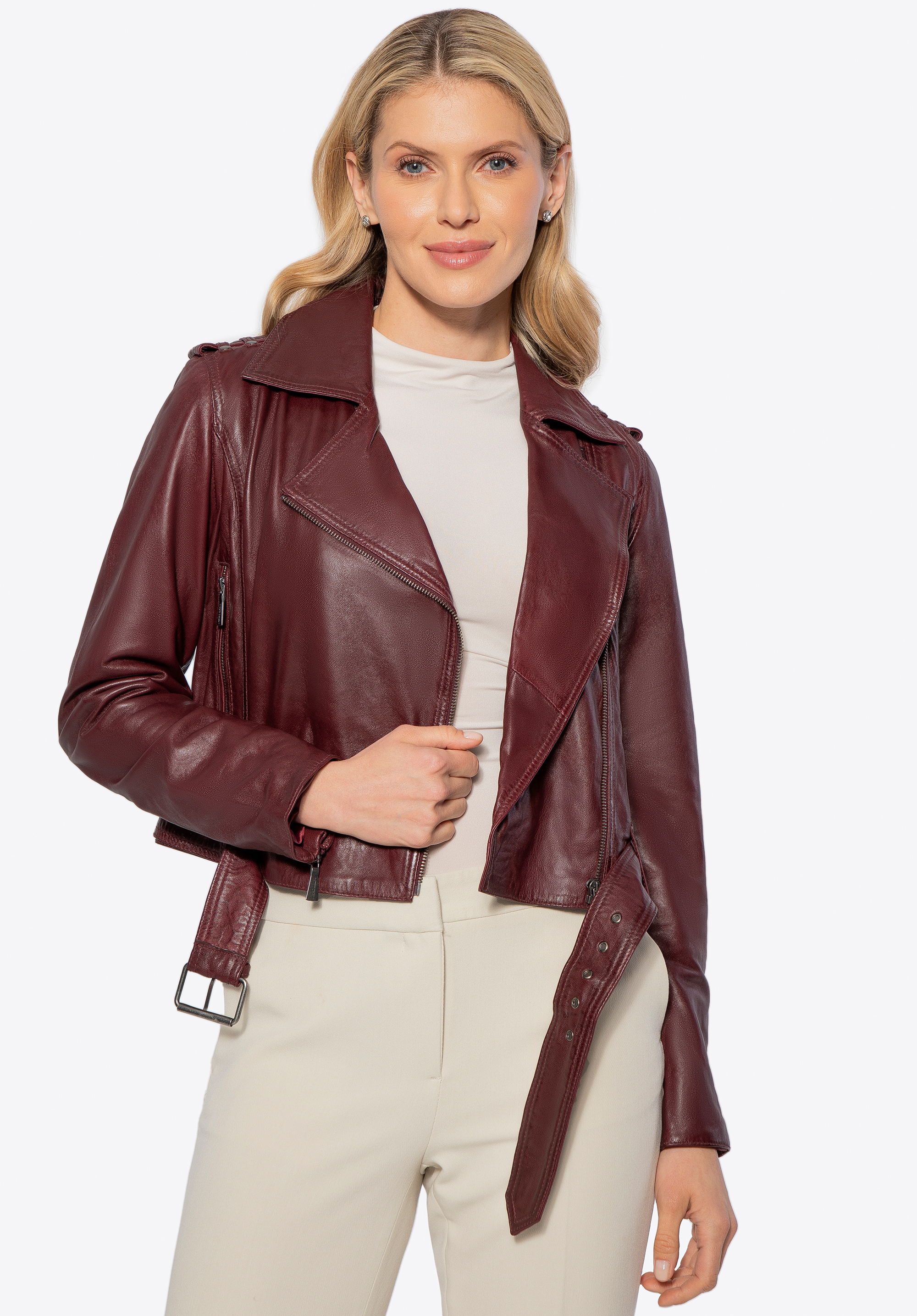 Damen Bikerjacke aus Leder, dunkelrot, 100-09-806-3-2XL, Bild 1