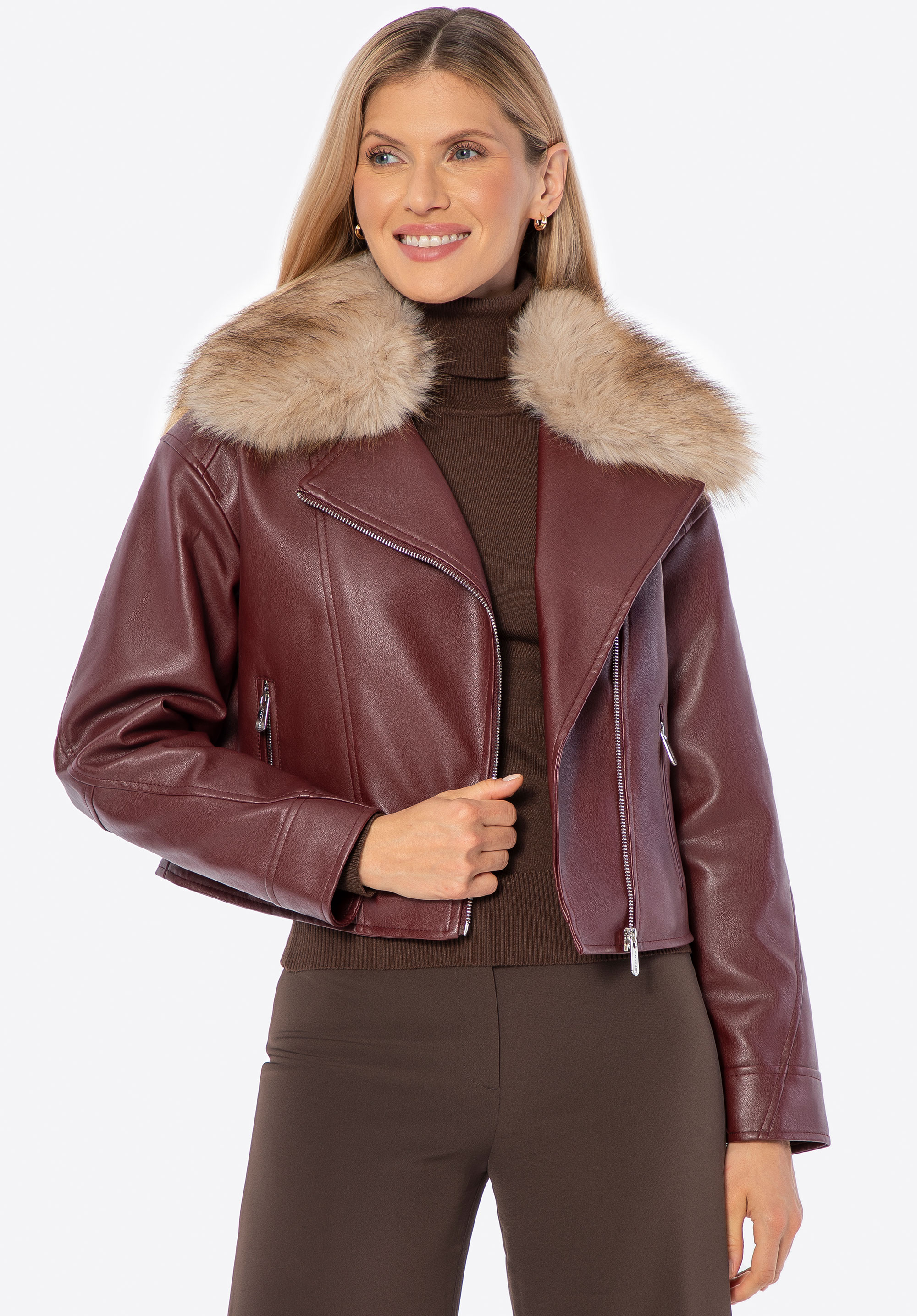 Damen-Bikerjacke mit Kunstpelzkragen, dunkelrot, 102-9P-300-3-XL, Bild 1