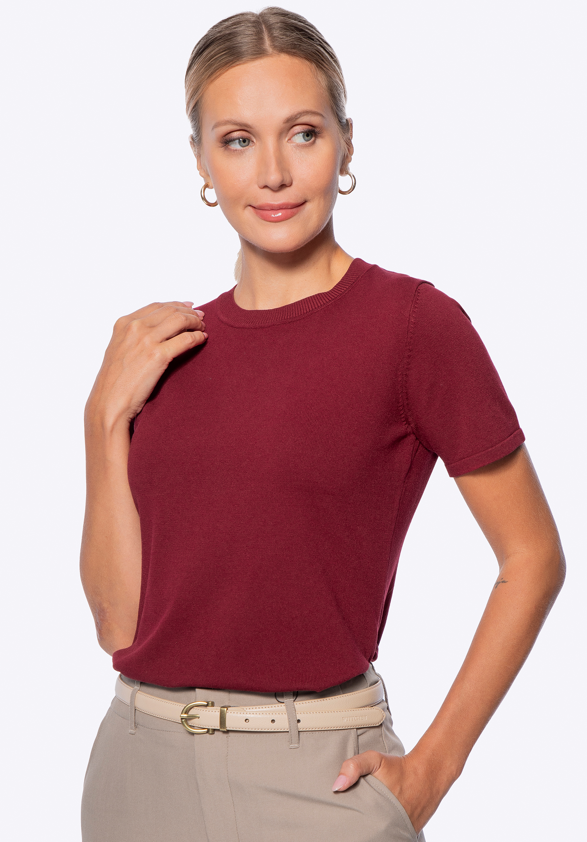 Damen Kurzarmpullover aus Viskose und Nylon, dunkelrot, 29-99-004-3-S, Bild 1