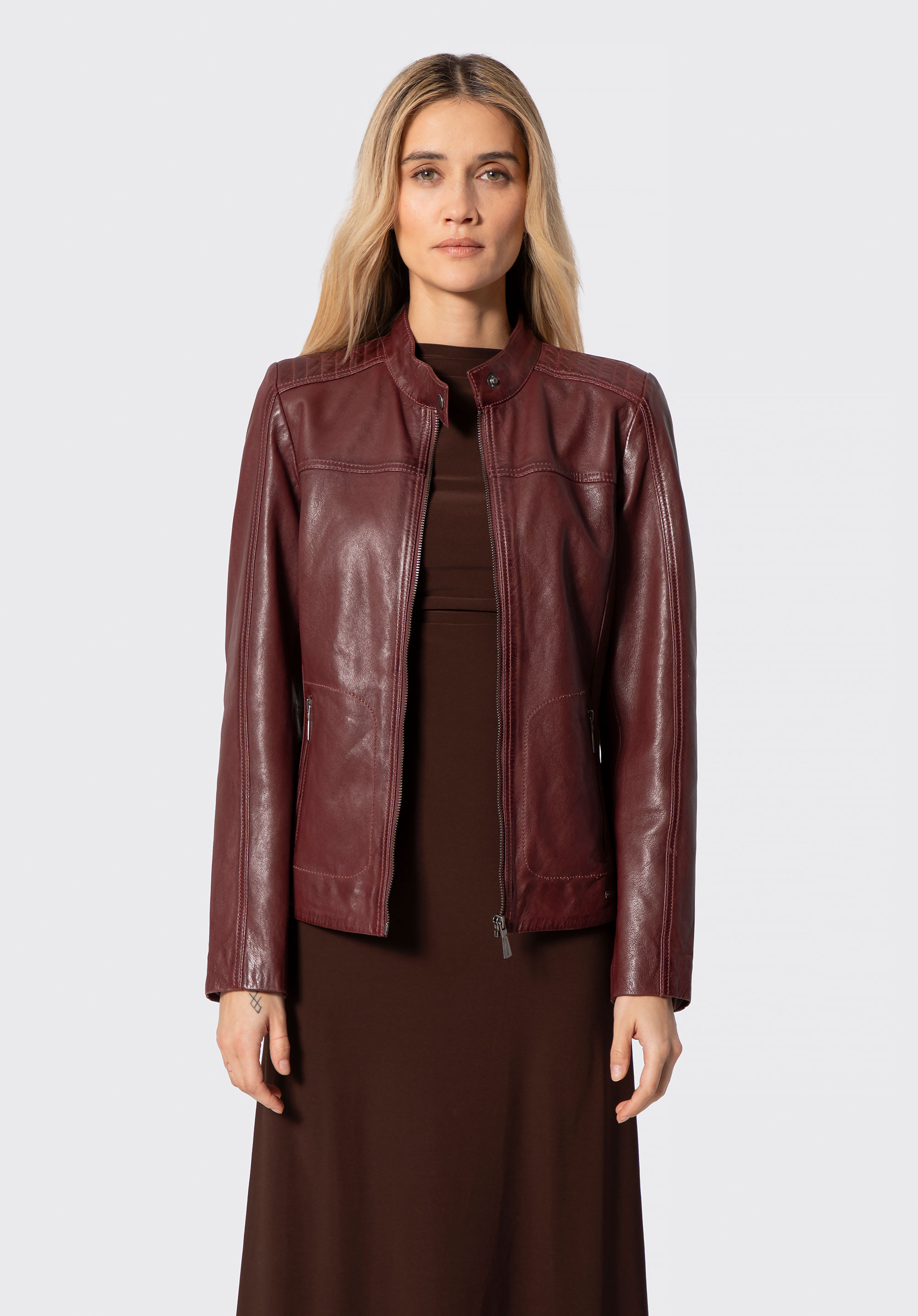 Damen Lederjacke mit Steppnähten, dunkelrot, 100-09-409-3-M, Bild 1