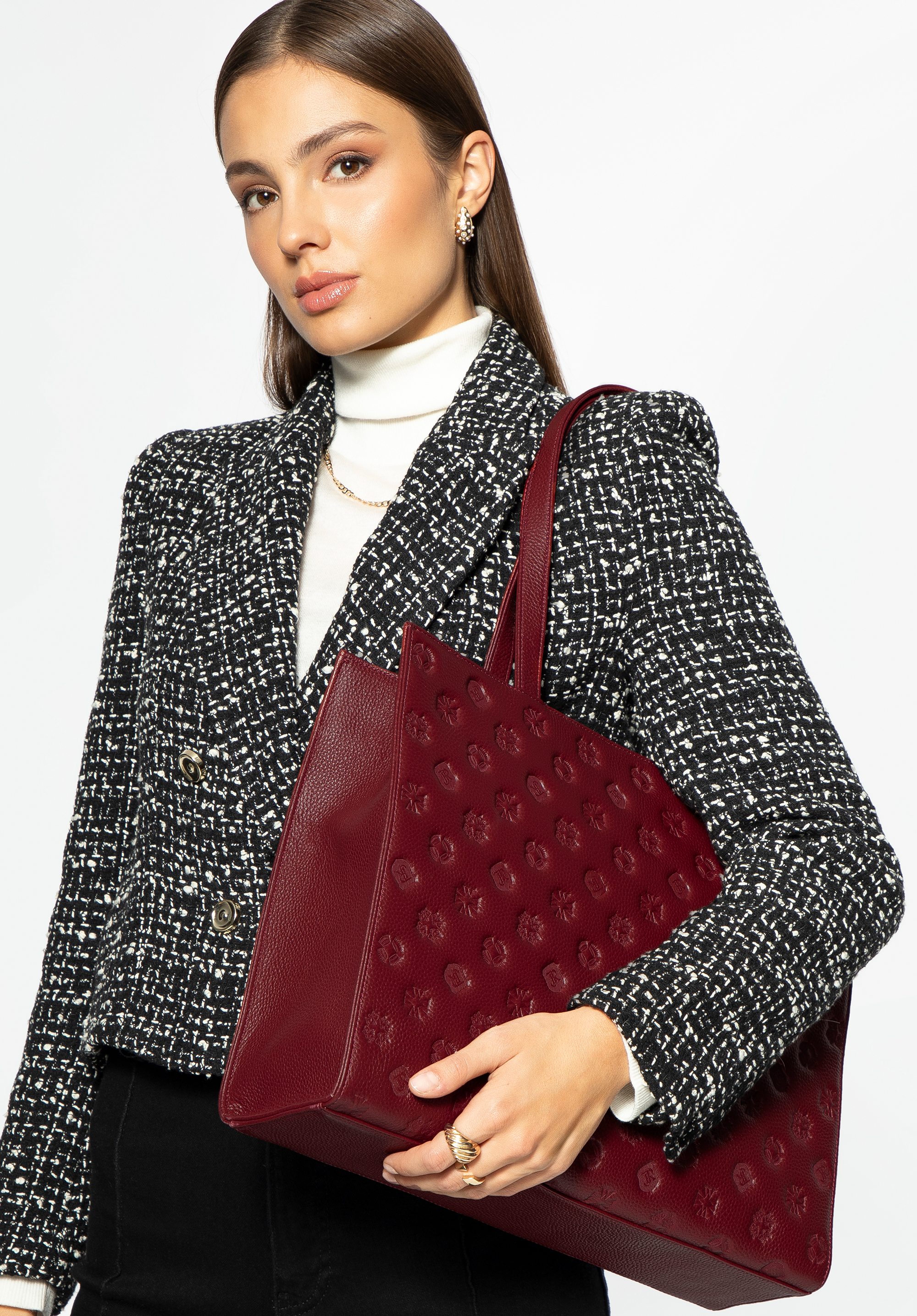 Damen Shopper aus Leder, dunkelrot, 99-4E-301-3, Bild 1