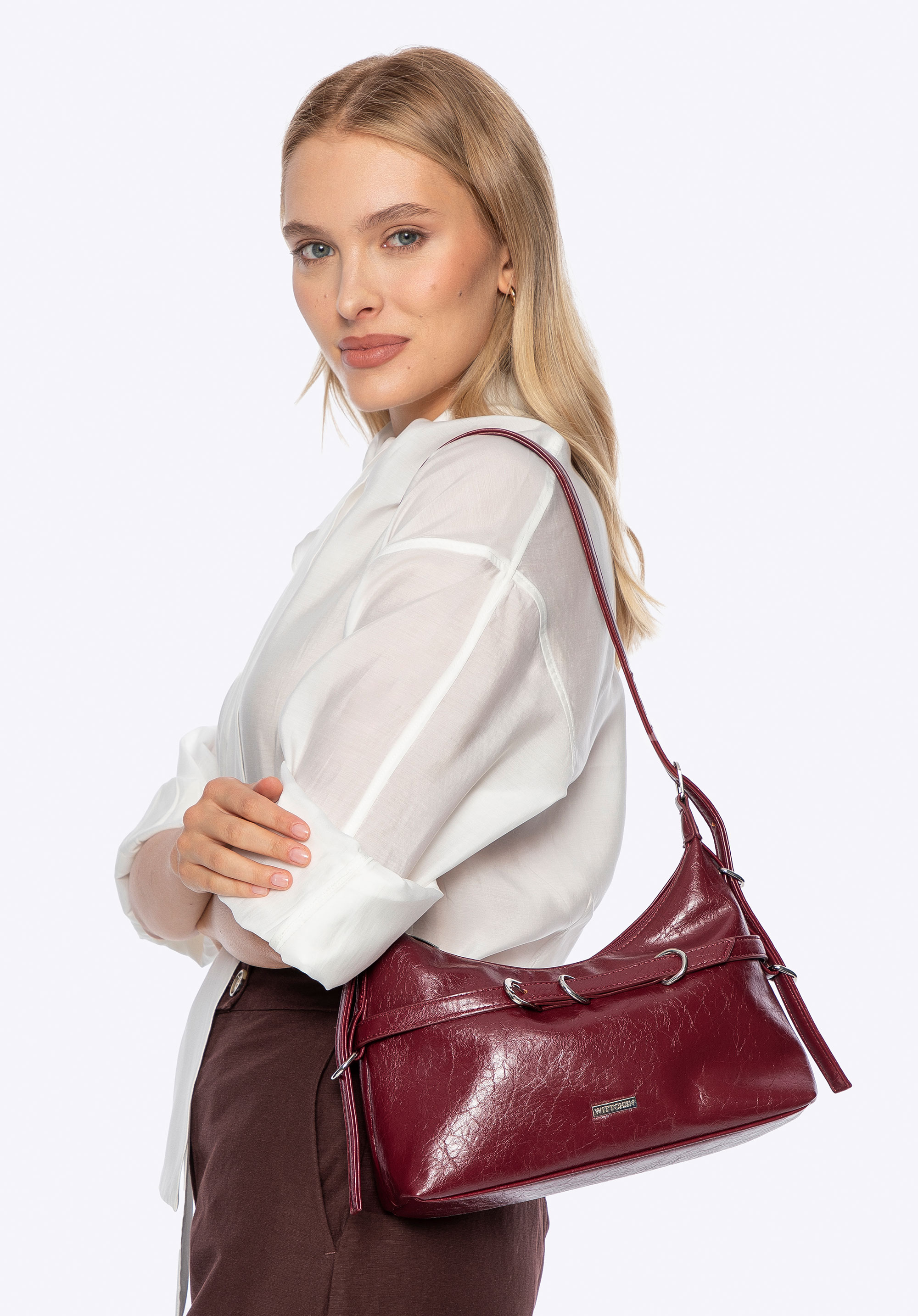 Damen-Baguette aus Öko-Leder mit verstellbarem Griff, dunkelrot, 101-4Y-405-3, Bild 1