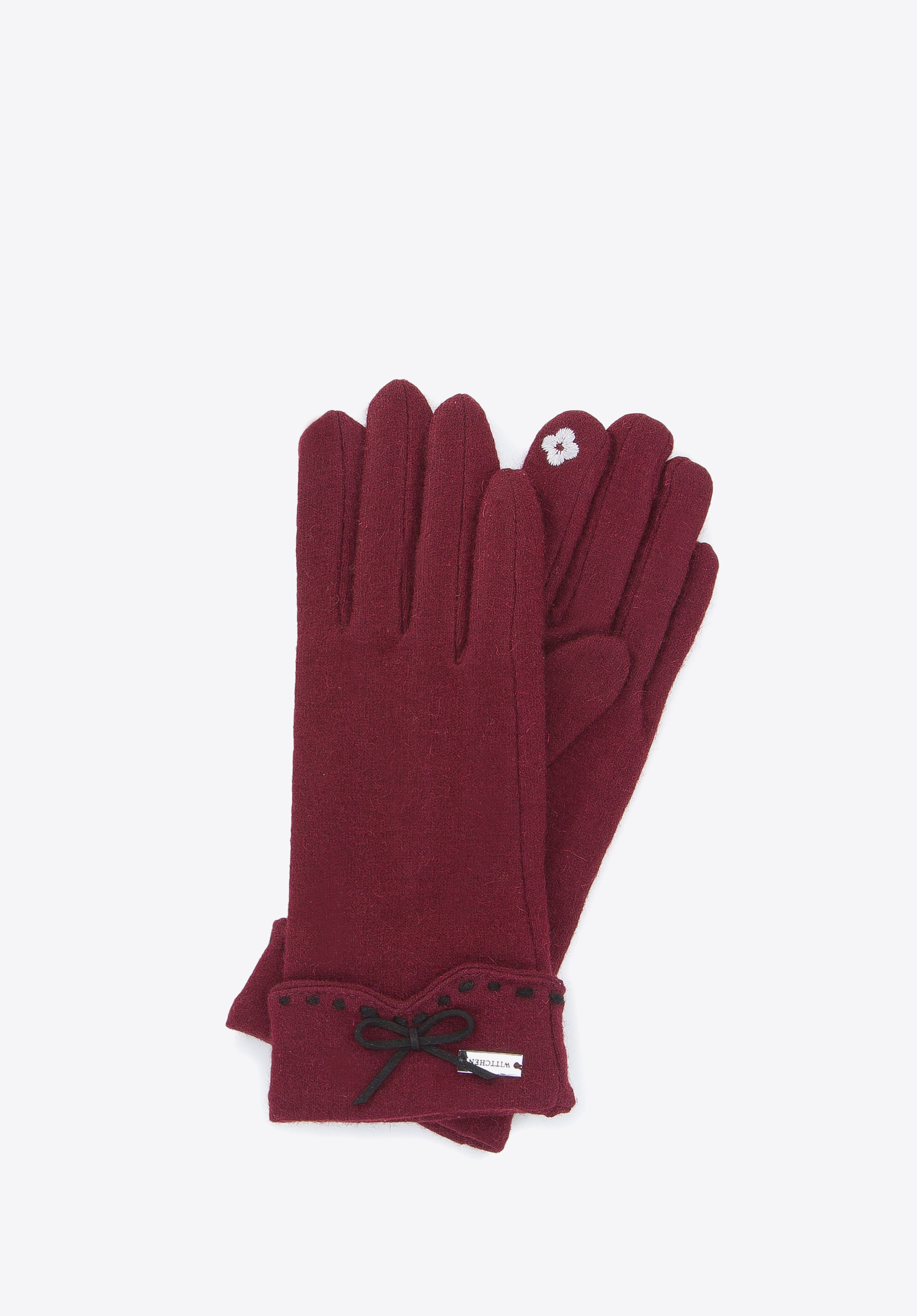 Damenhandschuhe mit Ziernähten und Schleife, dunkelrot, 47-6-204-1-M, Bild 1