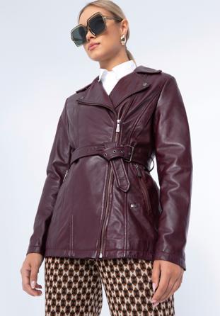 Damenjacke aus Leder mit Gürtel, dunkelrot, 97-09-803-D3-2XL, Bild 1