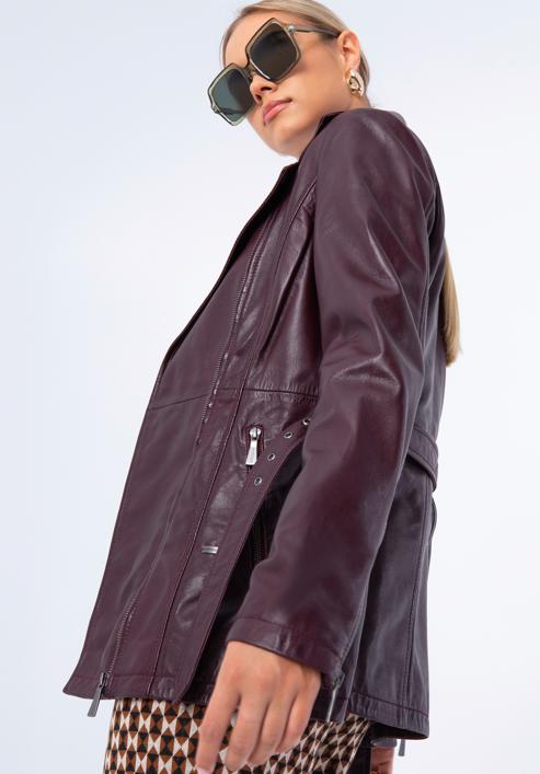 Damenjacke aus Leder mit Gürtel, dunkelrot, 97-09-803-D3-M, Bild 3