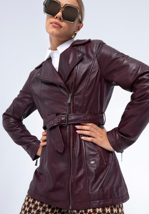 Damenjacke aus Leder mit Gürtel, dunkelrot, 97-09-803-D3-XL, Bild 6