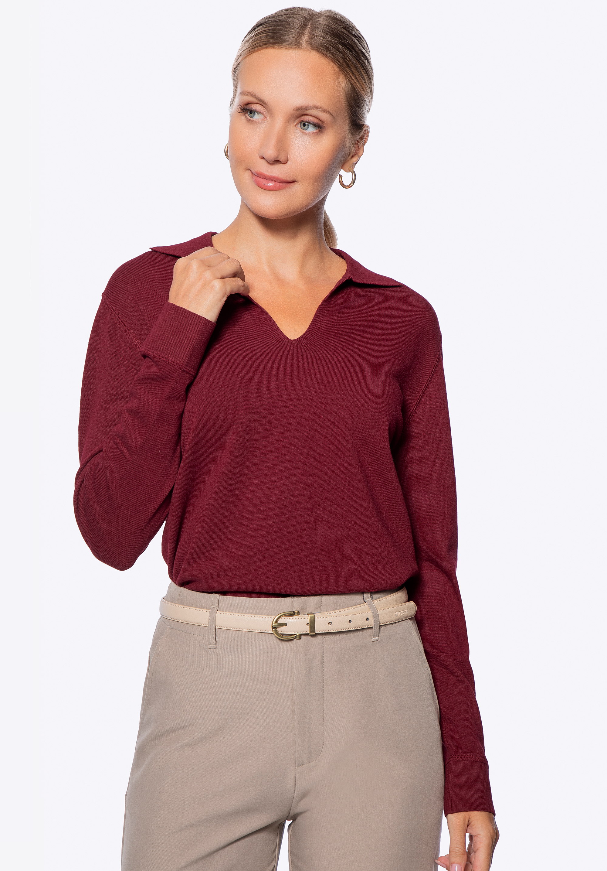 Damenpullover mit V-Ausschnitt aus Viskose und Nylon, dunkelrot, 29-99-005-3-XL, Bild 1