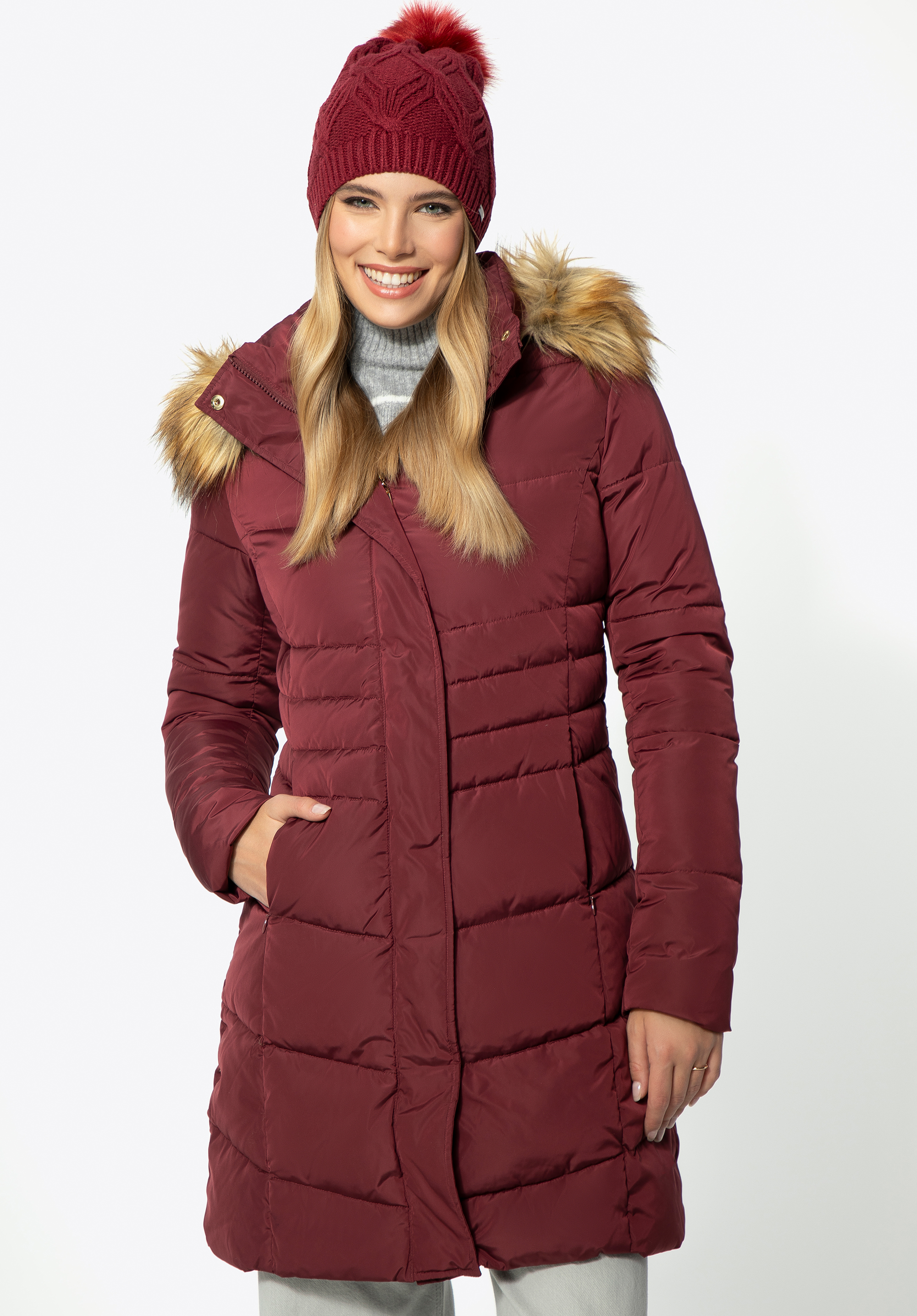 Gesteppte Daunenjacke mit Kapuze für Damen, dunkelrot, 95-9D-405-3-XS, Bild 1