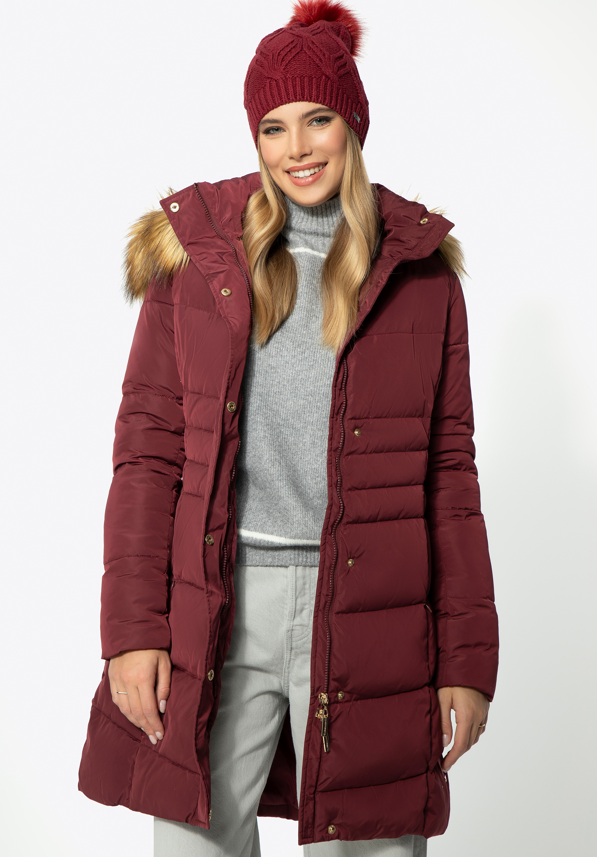 Gesteppte Daunenjacke mit Kapuze für Damen, dunkelrot, 95-9D-405-3-XS, Bild 1