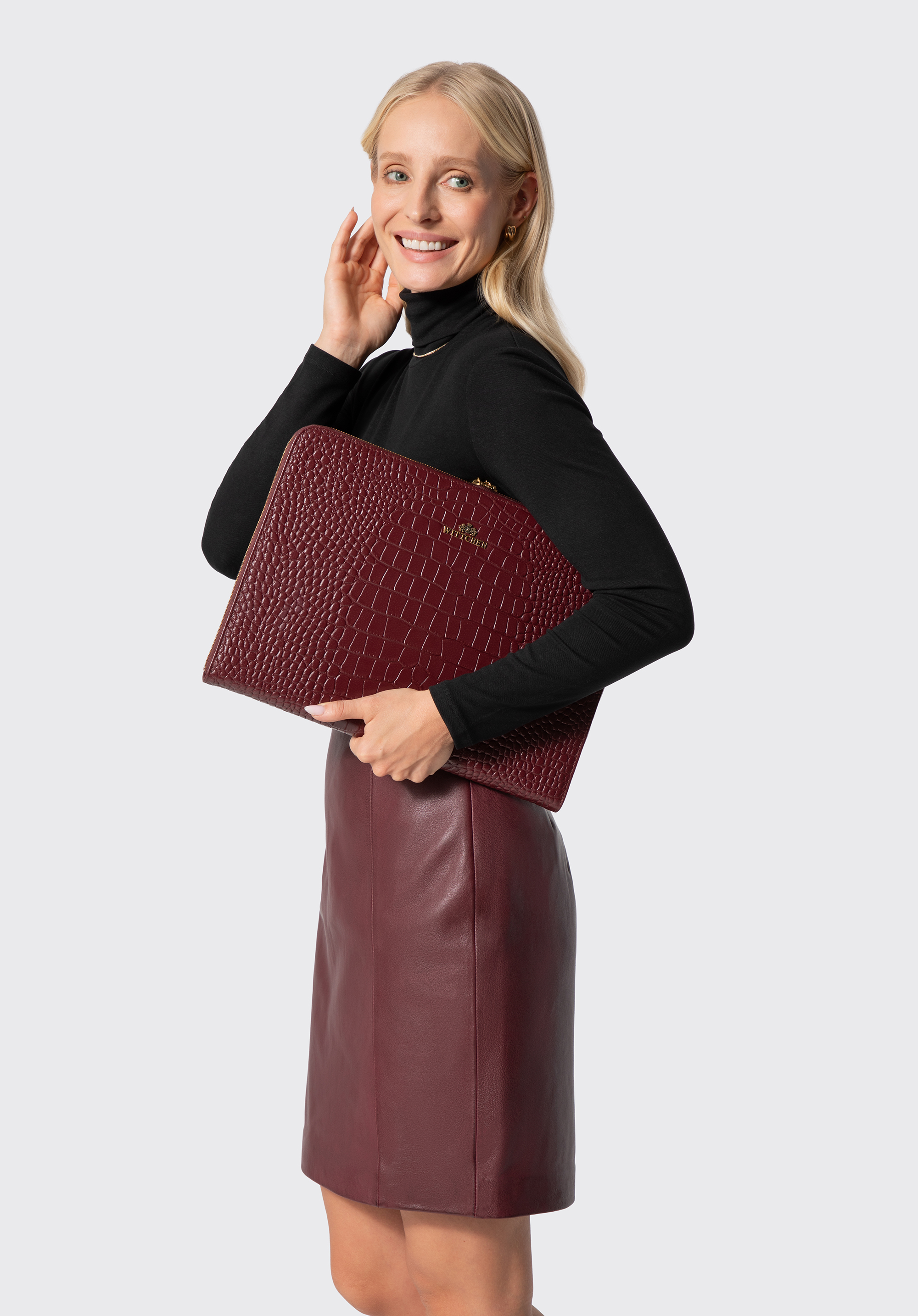 Laptoptasche aus Leder mit Krokodilprägung, 15 Zoll, dunkelrot, 103-2E-612-3, Bild 1