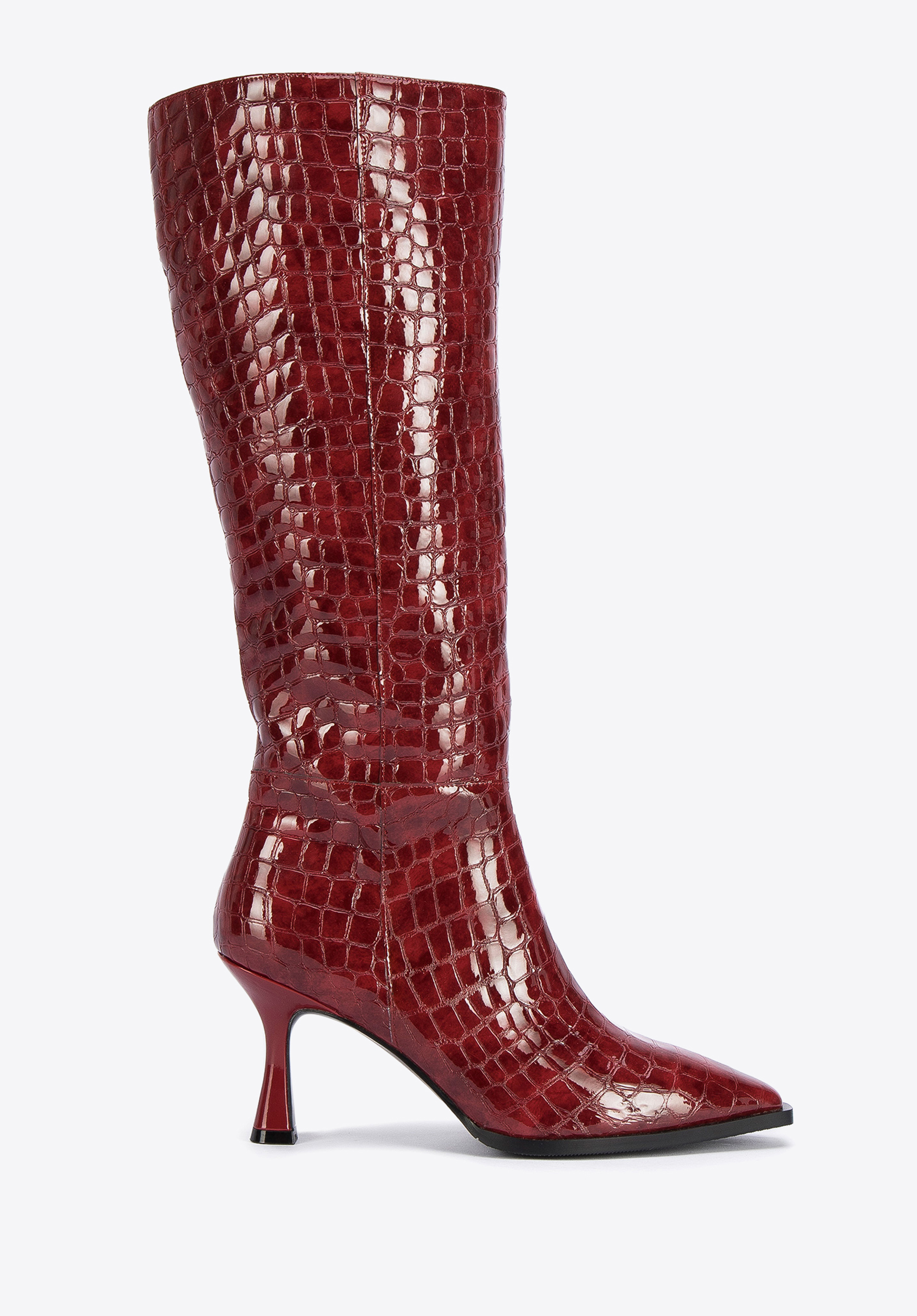Stiletto-Stiefel aus Lackleder in Kroko-Optik, dunkelrot, 95-D-507-3-39, Bild 1