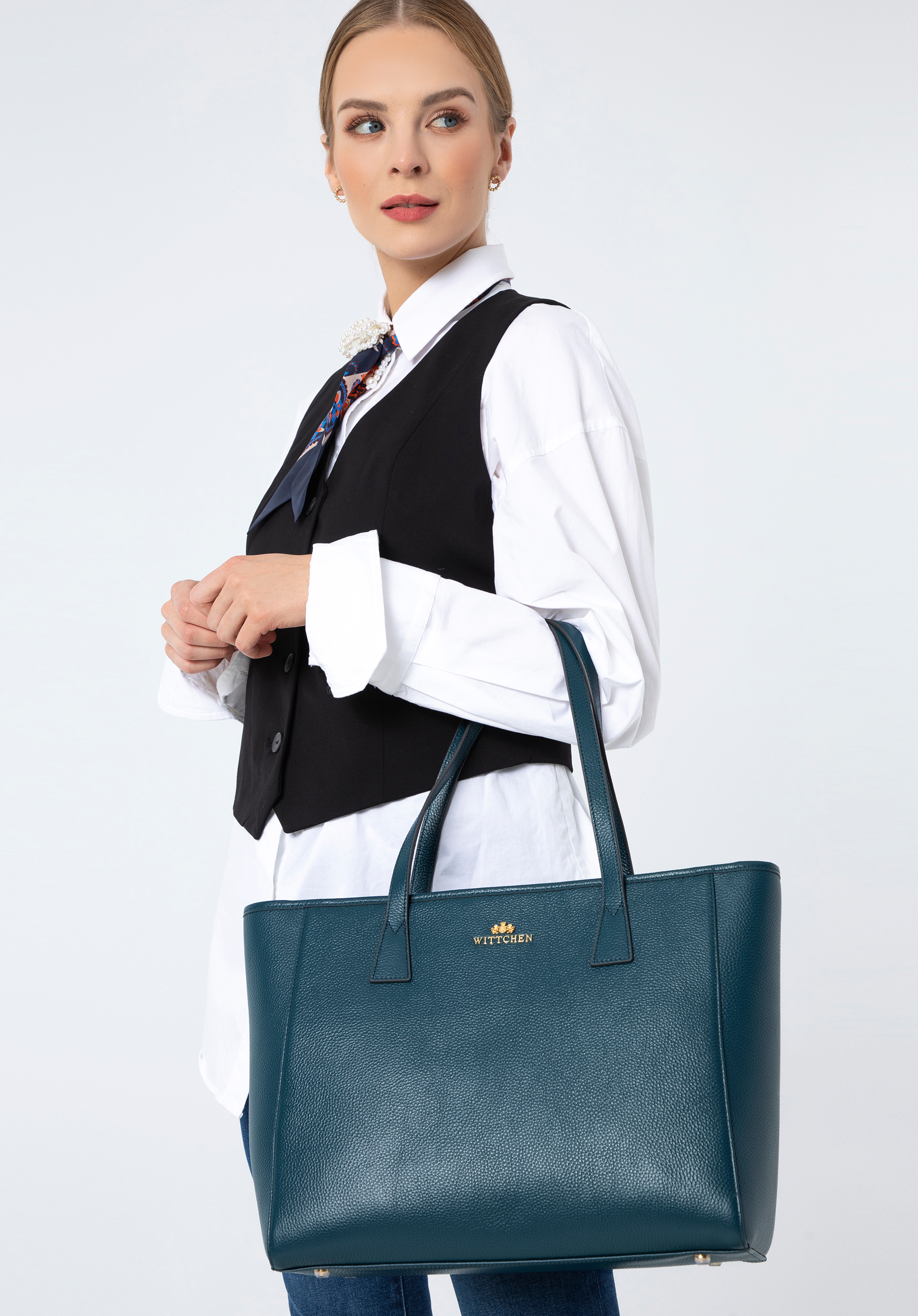 Große Shopper-Tasche aus Leder, dunkles Türkis, 97-4E-619-Z, Bild 1