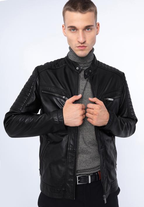 Pánská kožená bunda se stojáčkem na knoflíky a prošíváním, eben, 97-09-850-5-XL, Obrázek 1