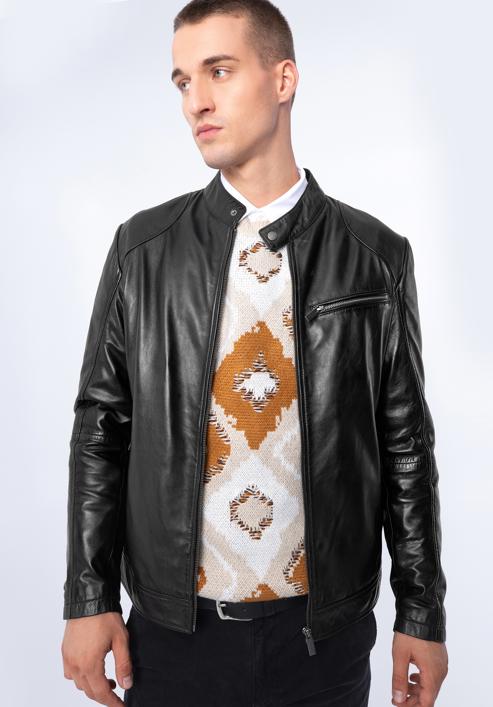 Pánská kožená bunda se zapínáním na zip, eben, 97-09-856-Z-XL, Obrázek 3