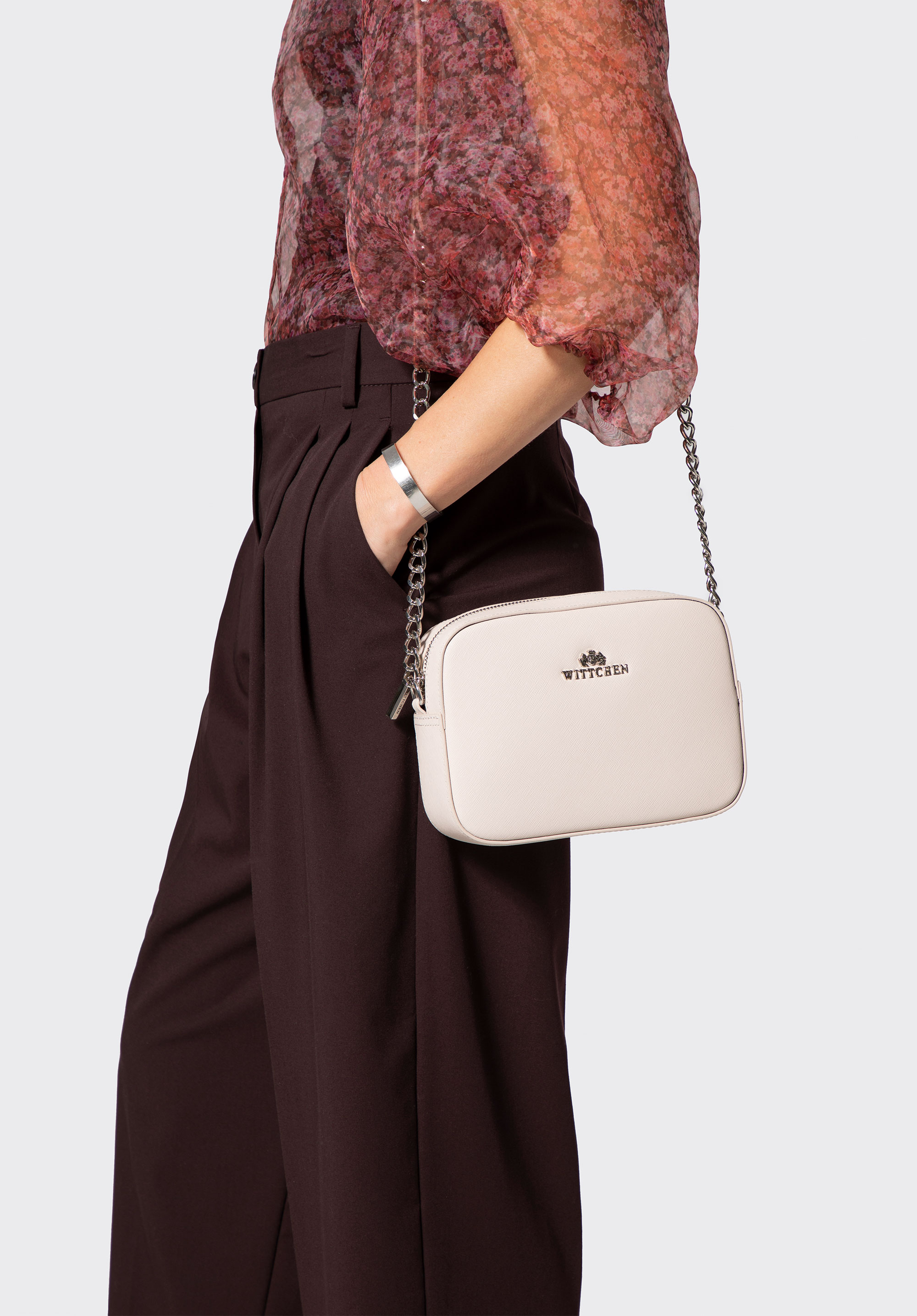 Crossbody kabelka z koženého řetízku Saffiano, ecru, 29-4E-019-0, Obrázek 1