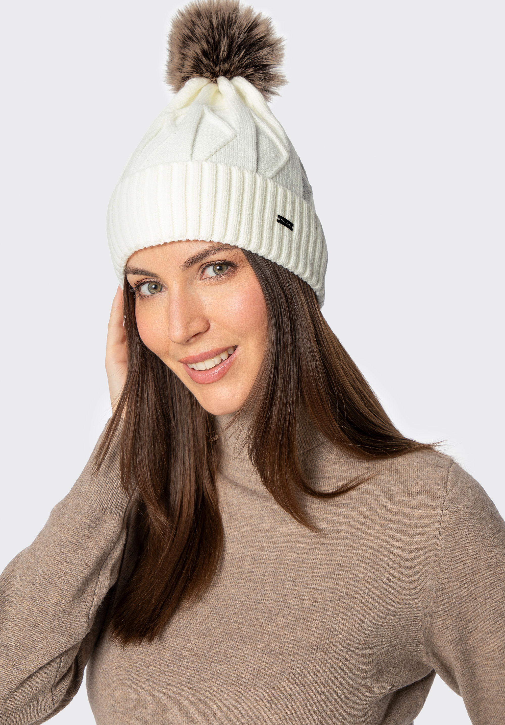 Damen-Strickmütze mit kontrastierendem Bommel, ecru, 101-HF-005-0, Bild 1