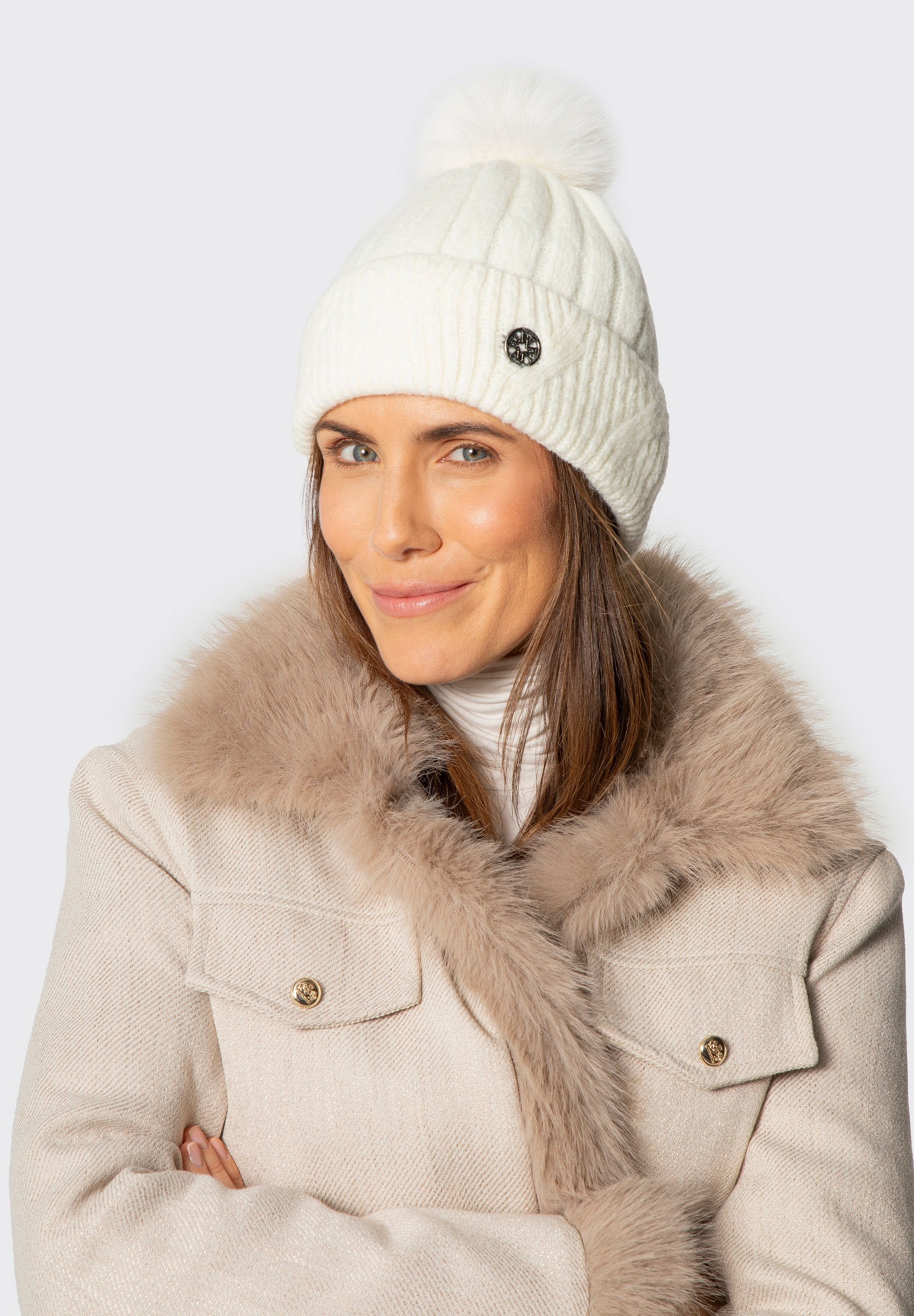 Wintermütze mit Bommel für Damen, ecru, 101-HF-205-0, Bild 1