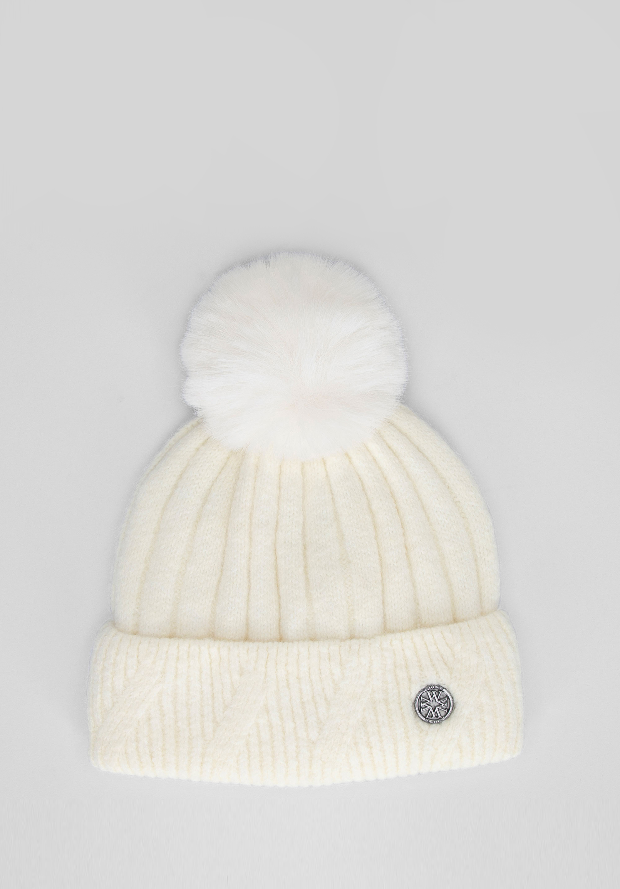 Dámská zimní čepice s bambulkami, ecru, 101-HF-205-0, Obrázek 1