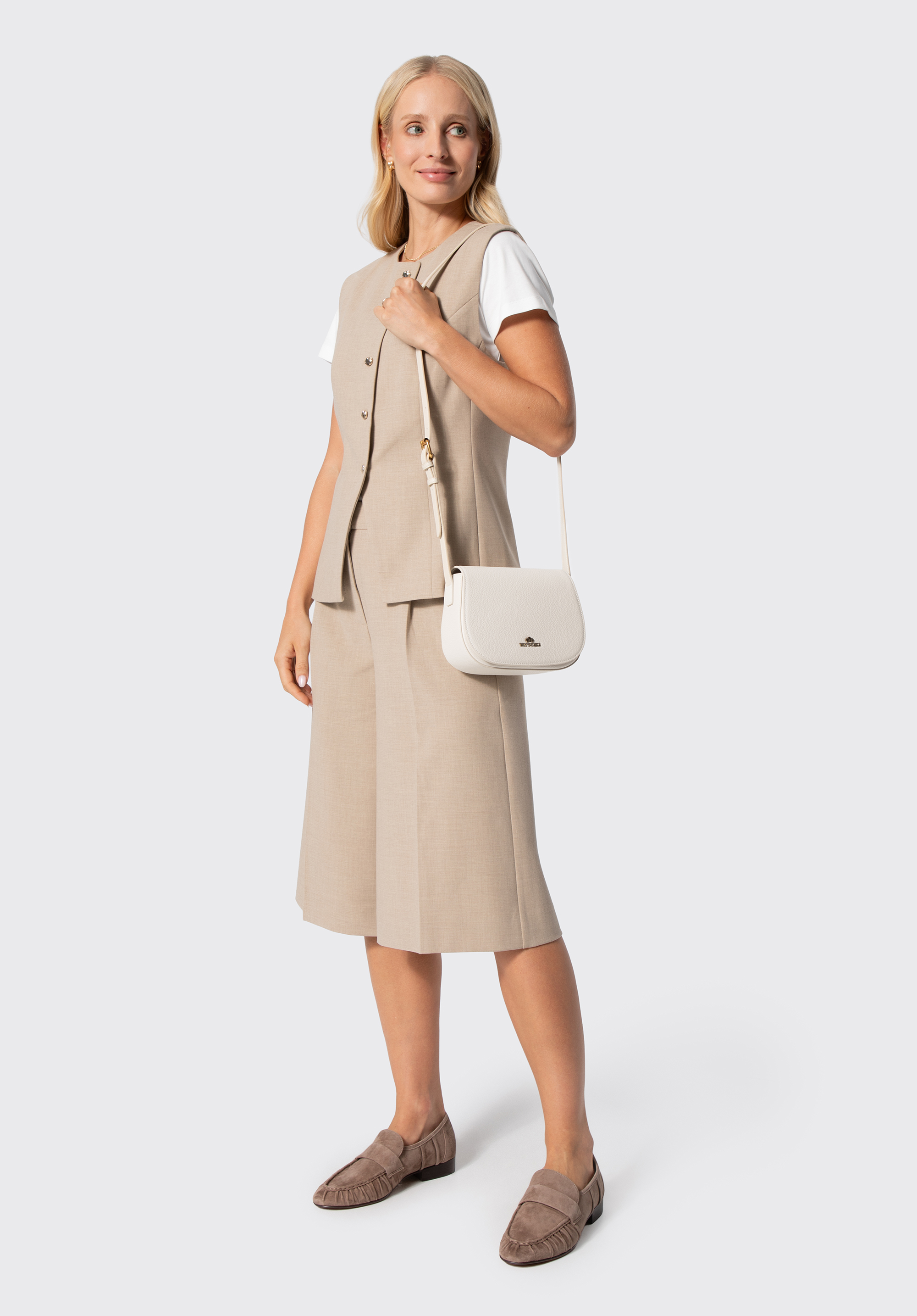 Geantă crossbody din piele pentru femei cu curea reglabilă, ecru, 103-4E-209-0, Fotografie 1