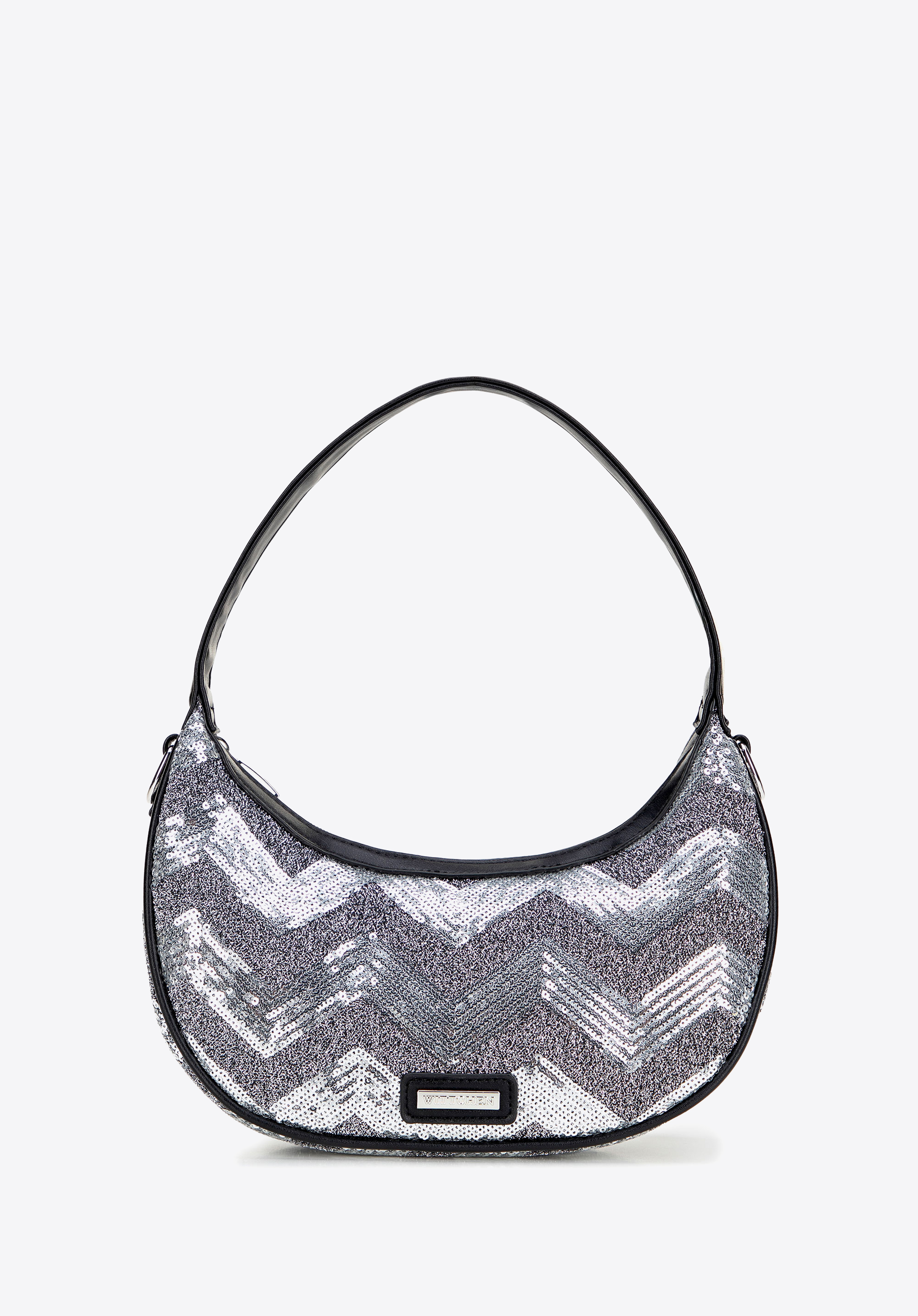 Félhold alakú, flitteres műbőr válltáska, ezüst, 101-4Y-412-S, Fénykép 1