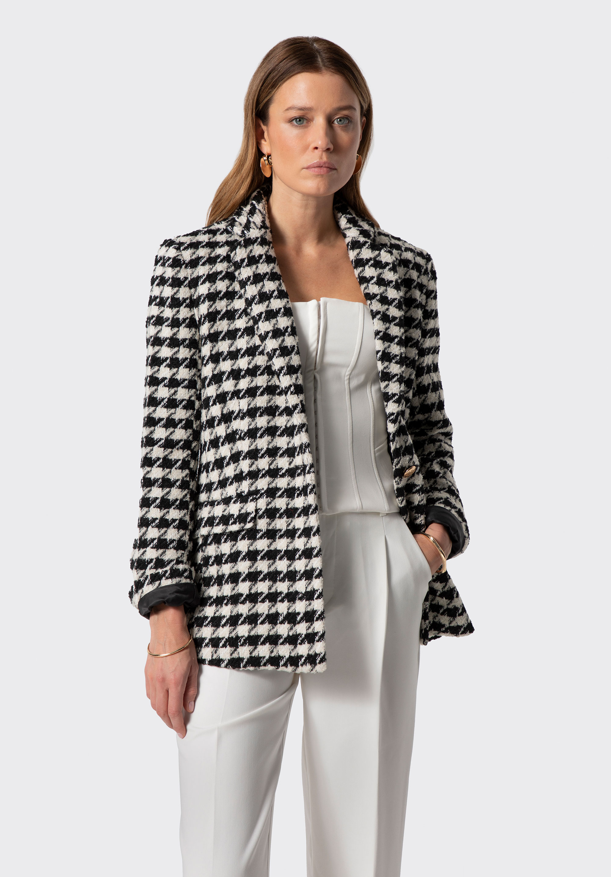 Női gyapjúkeverék blézer, fehér fekete, 100-9X-503-01-L, Fénykép 1