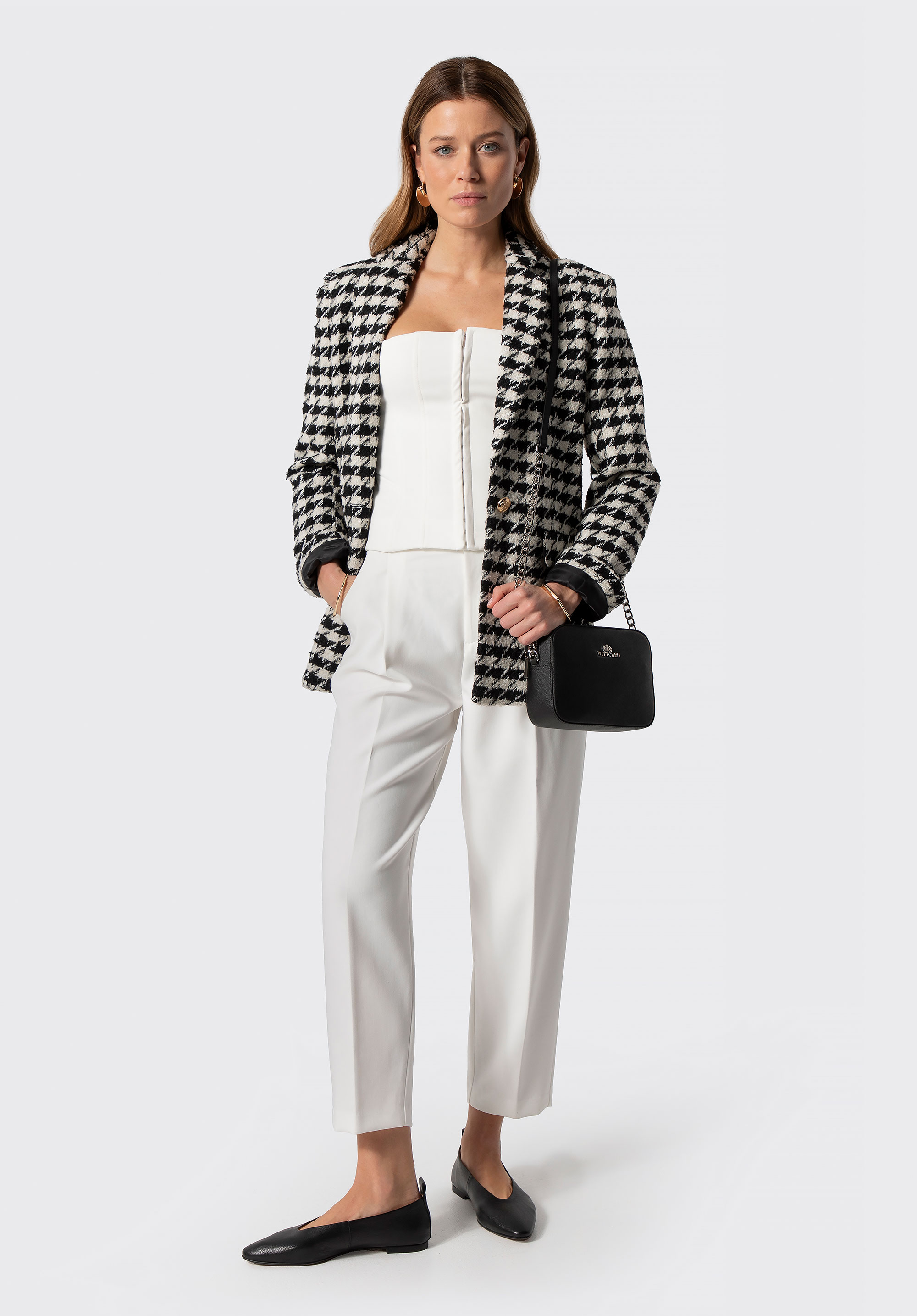 Női gyapjúkeverék blézer, fehér fekete, 100-9X-503-01-L, Fénykép 1