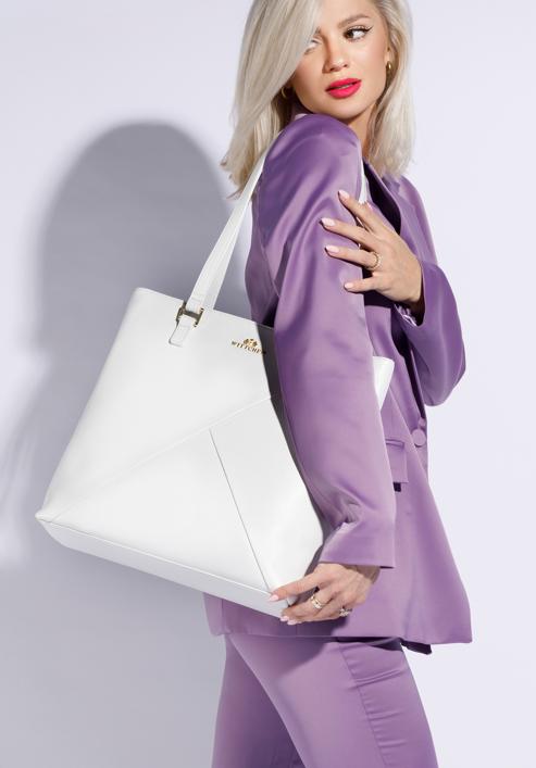 Női bőr shopper táska geometrikus díszvarrással, fehér, 96-4E-628-0, Fénykép 15